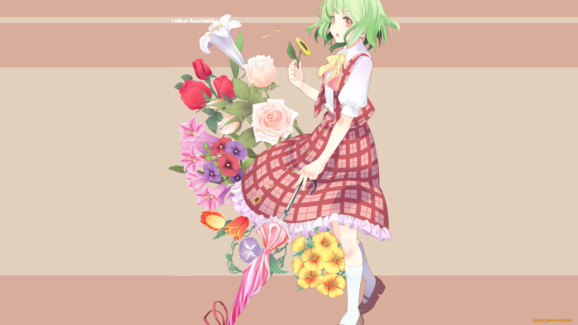 аниме, touhou, девушка, цветы, зеленые, волосы, зонт