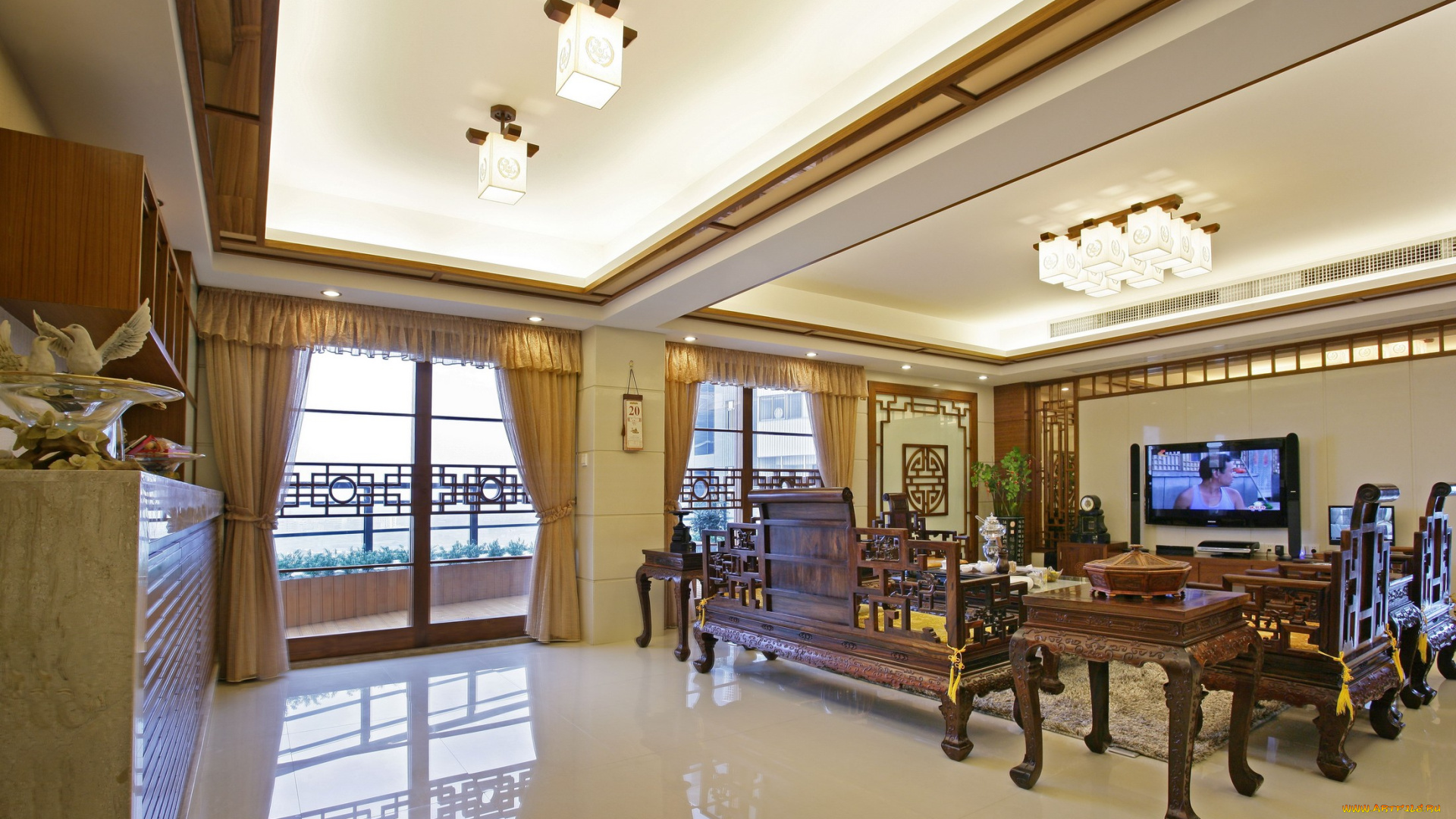 интерьер, гостиная, окна, стулья