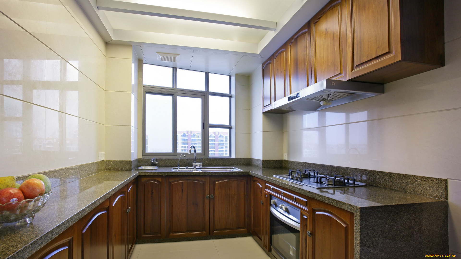 интерьер, кухня, плита, фрукты, окно