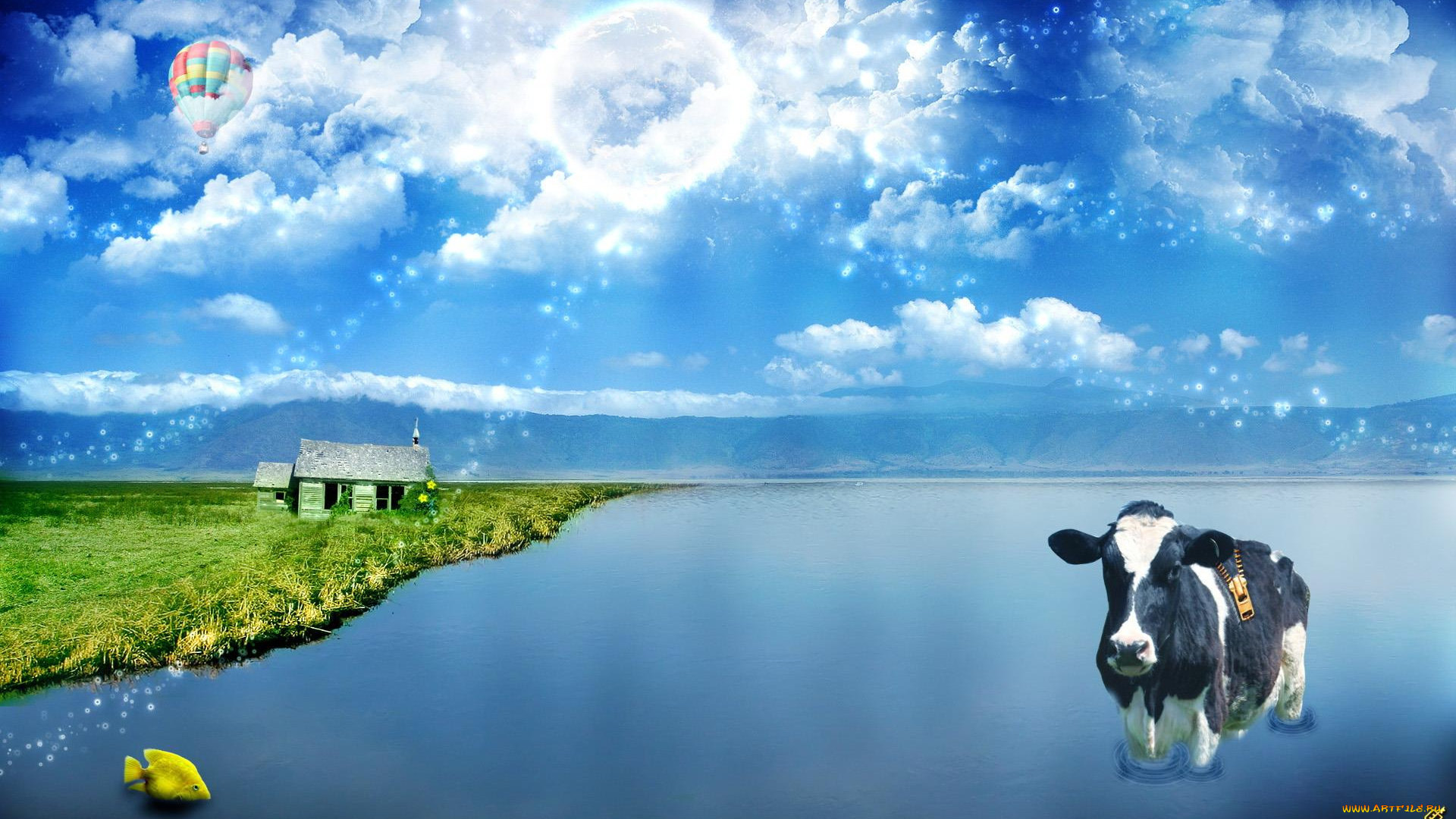 разное, компьютерный, дизайн, вода, корова, облака, дом