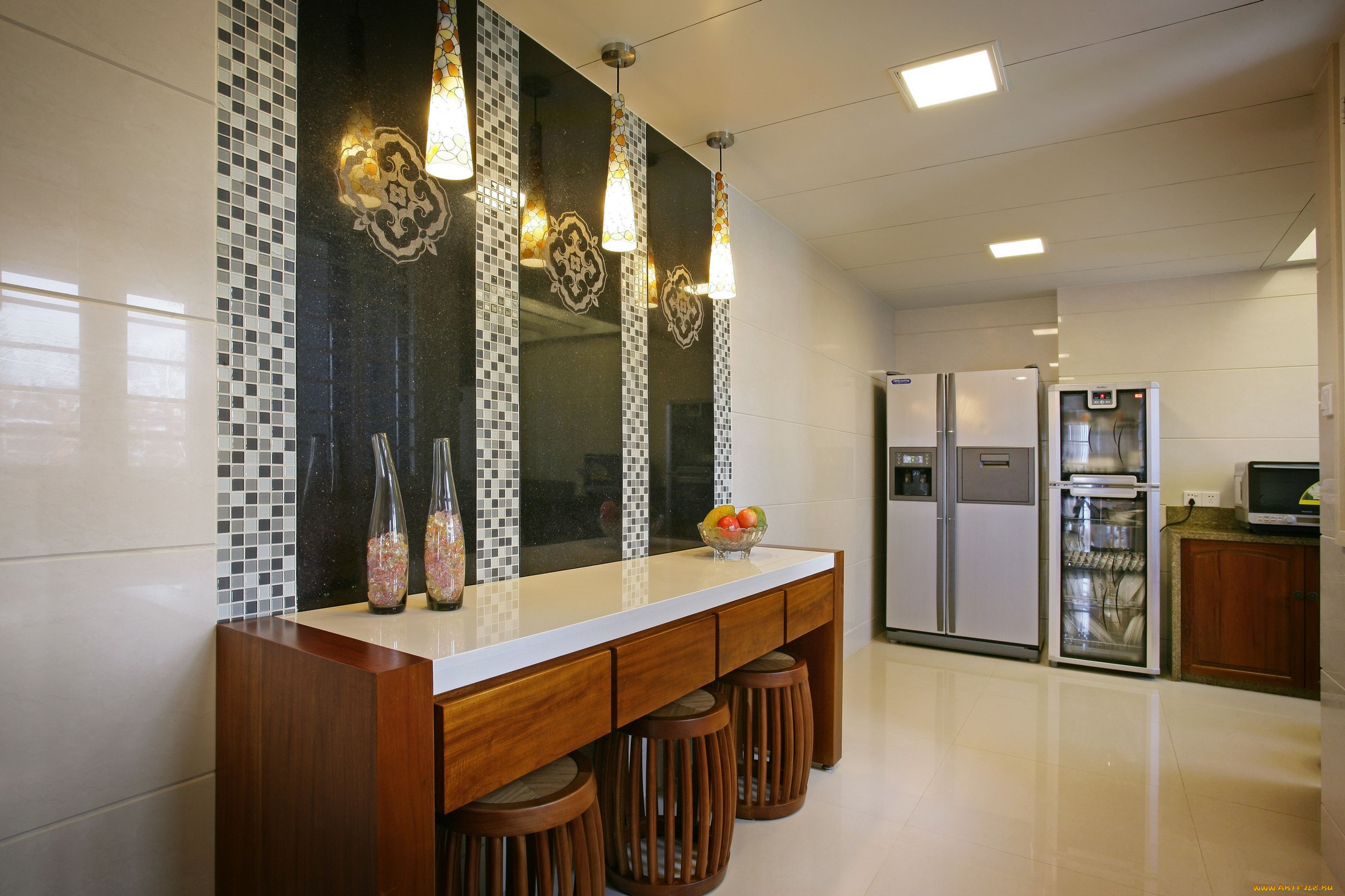 интерьер, кухня, стол, холодильник