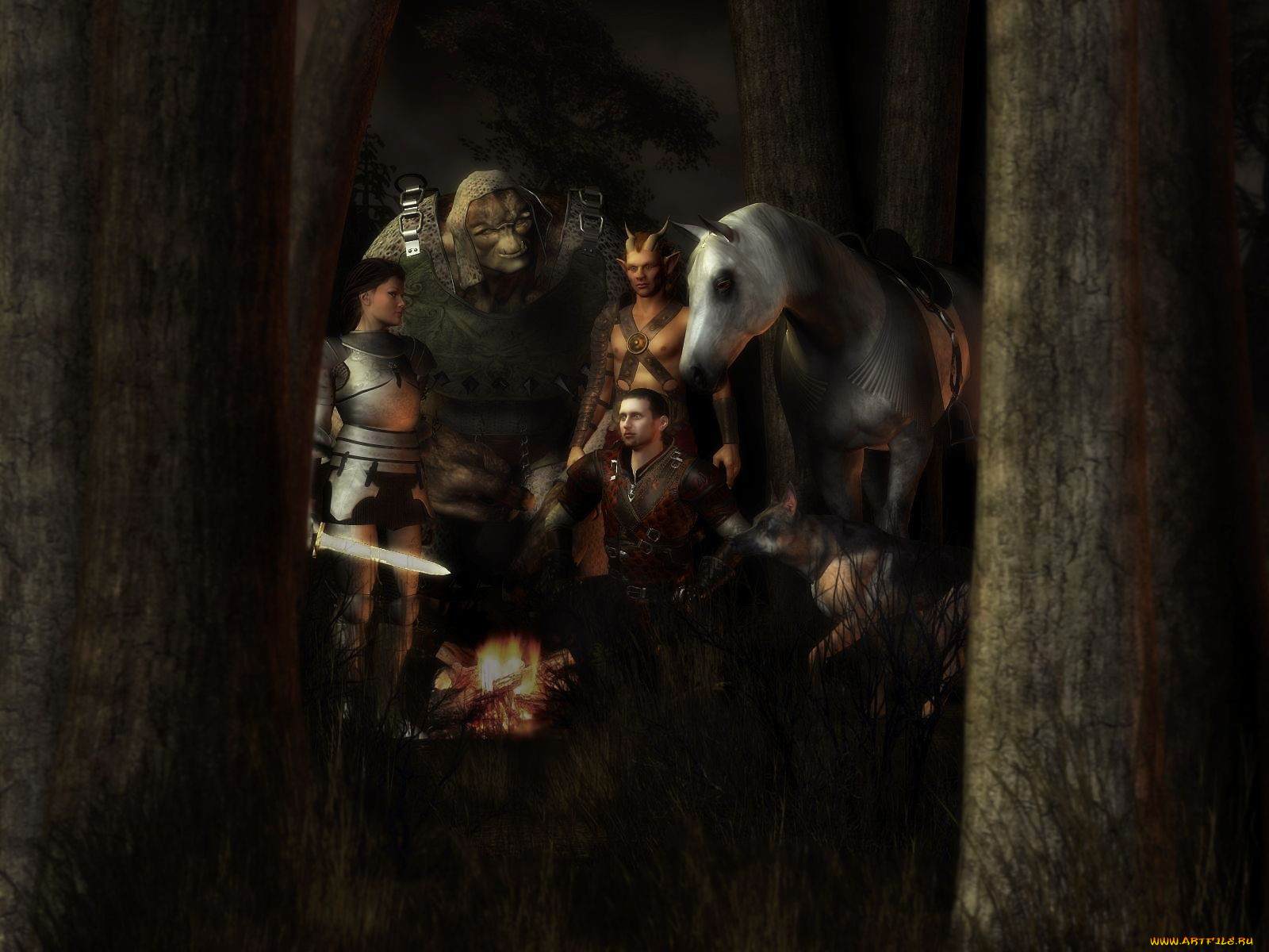 3д, графика, fantasy, фантазия, очаг, эльф, люди, лошадь