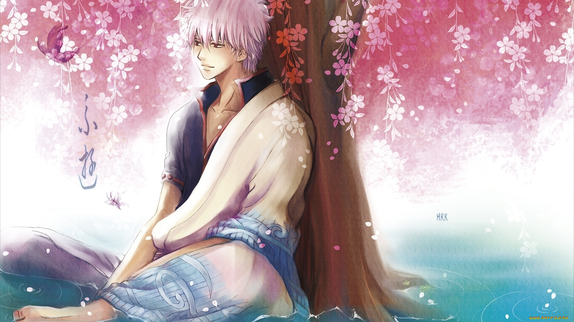 аниме, gintama, блондин, кимоно, сакура, парень