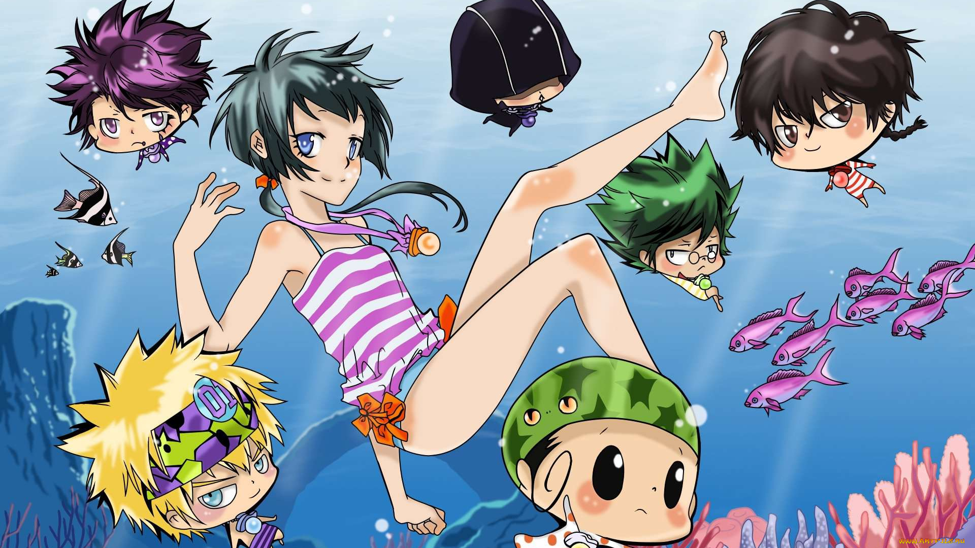 аниме, katekyo, hitman, reborn, fon, вода, девочка, соски