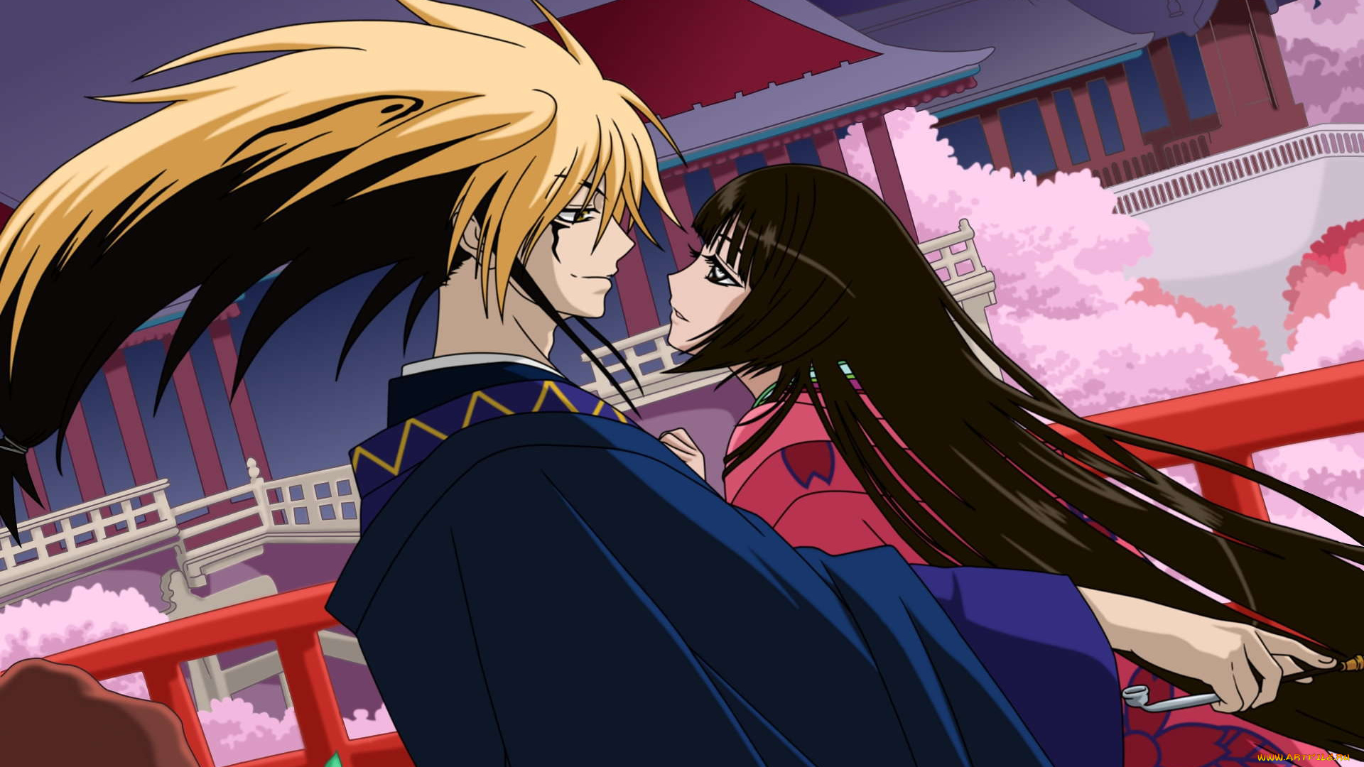 аниме, nurarihyon, no, mago, пара, yohime, сакура, кимоно, трубка