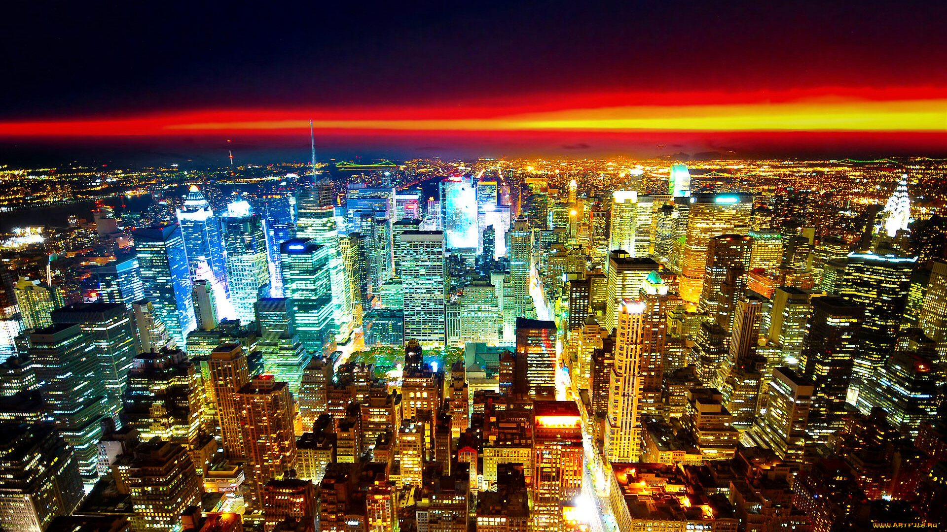 рассвет, над, городом, города, нью, йорк, сша, горизонт, город