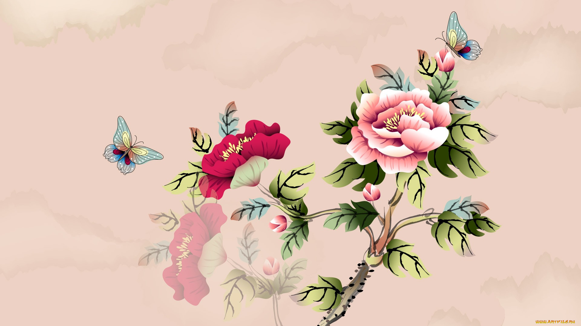 рисованные, цветы, бабочки