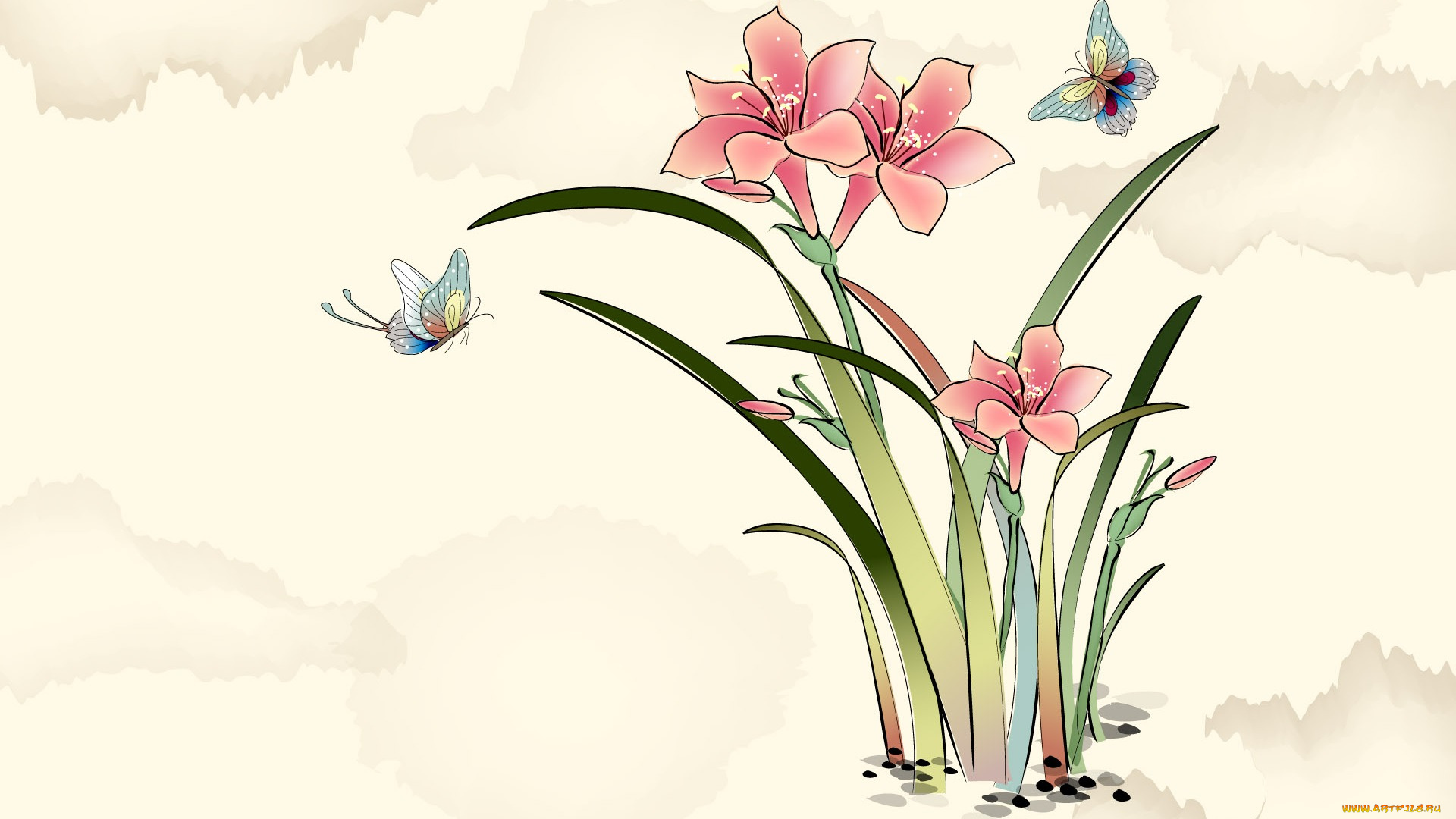 рисованные, цветы, бабочки