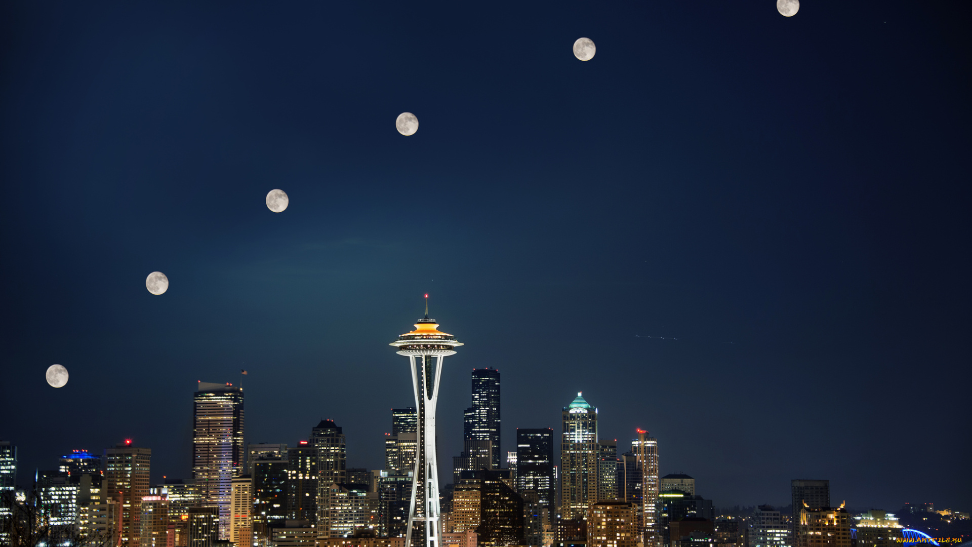 seattle, super, moon, города, сиэтл, сша, луна, ночь, огни, город
