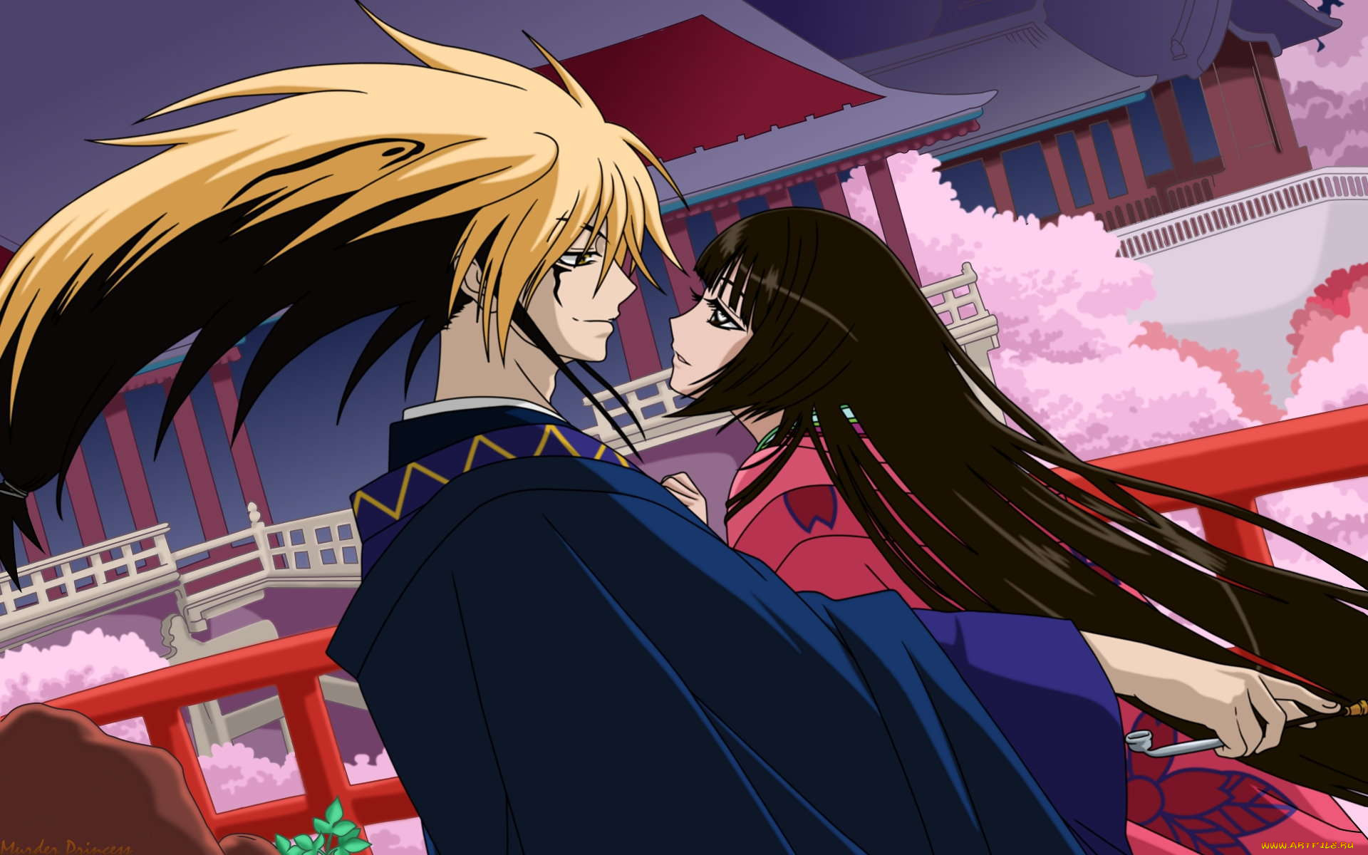 аниме, nurarihyon, no, mago, пара, yohime, сакура, кимоно, трубка