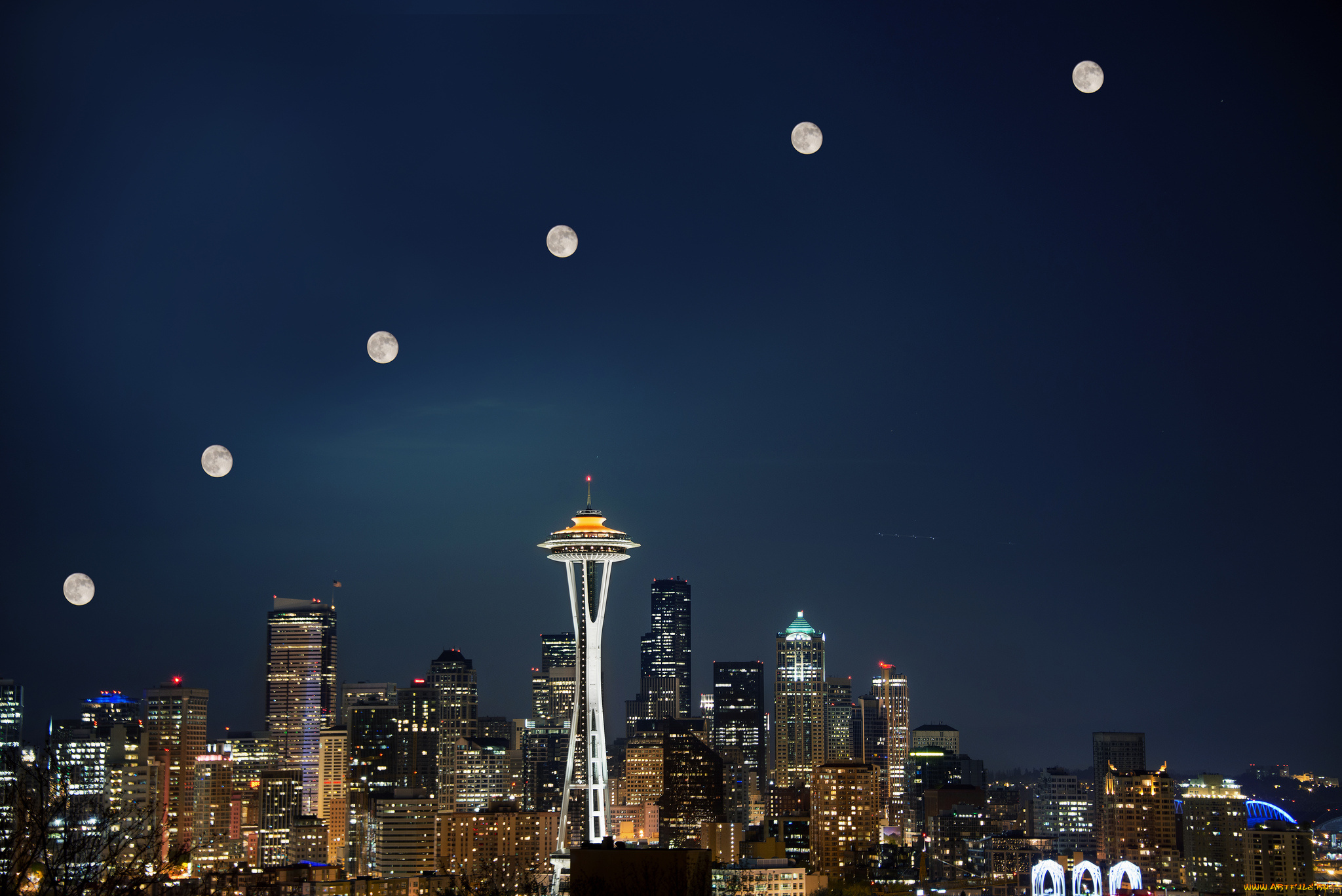 seattle, super, moon, города, сиэтл, сша, луна, ночь, огни, город