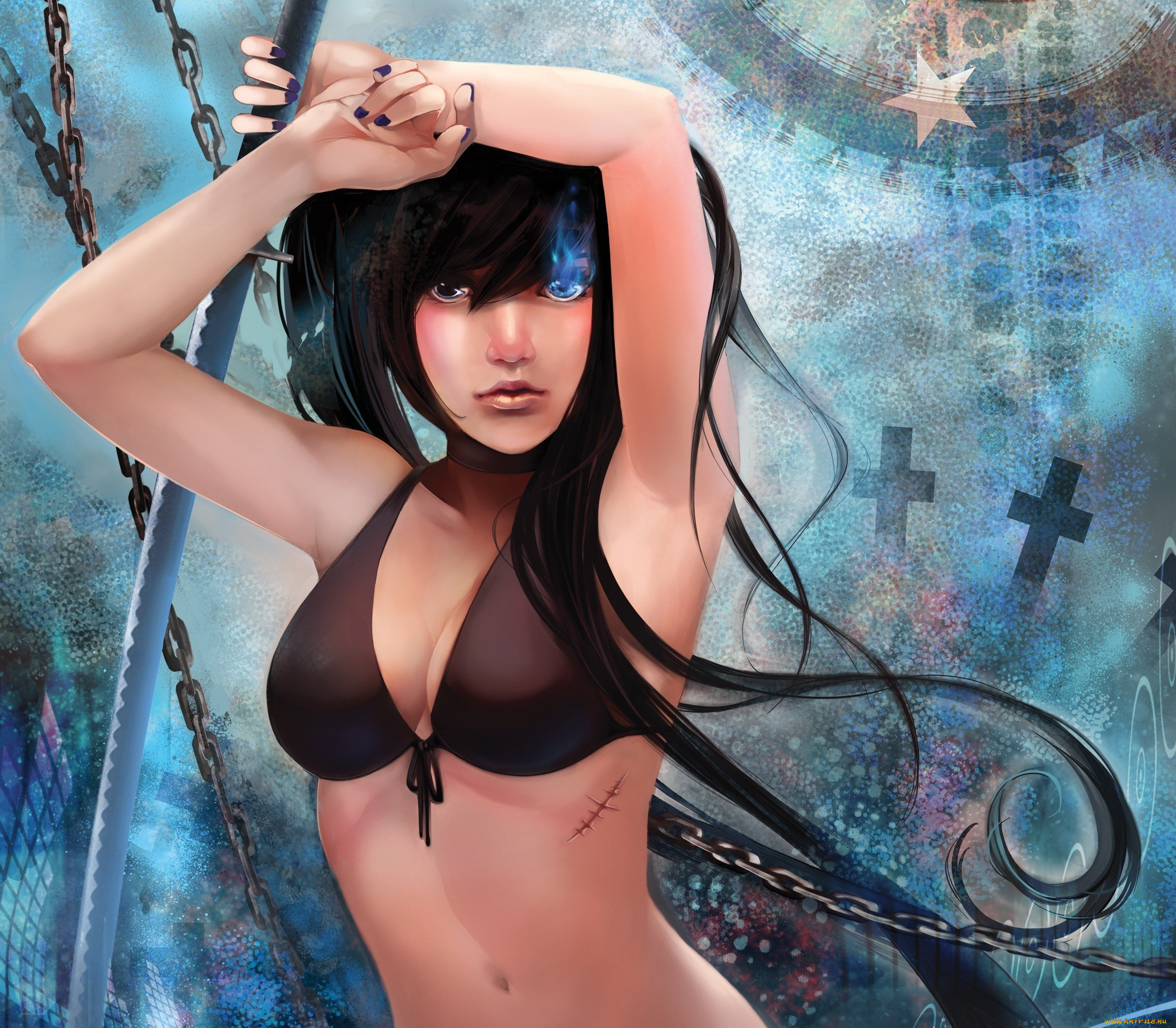 аниме, black, rock, shooter, брюнетка, шрам, девушка