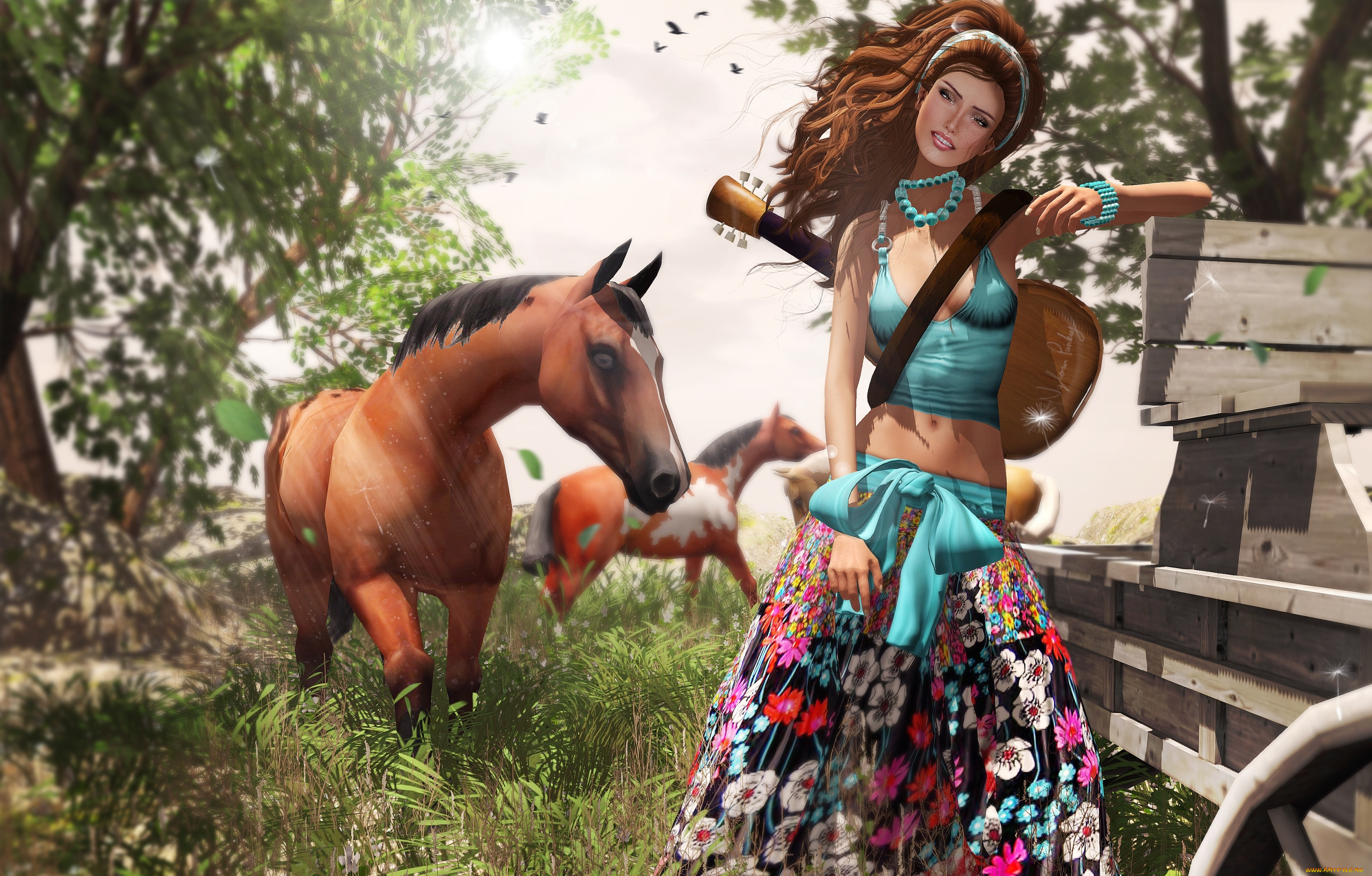 3д, графика, people, люди, позитив, юбка, гитара, хиппи, лошади, девушка