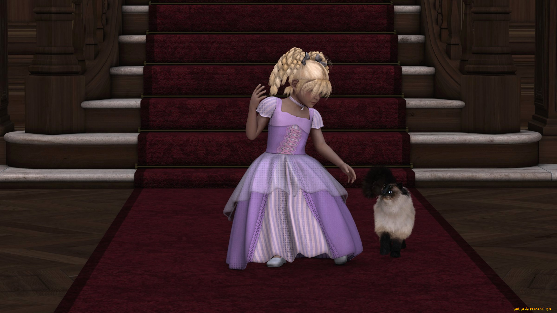 3д, графика, people, люди, лесница, кот, девушка