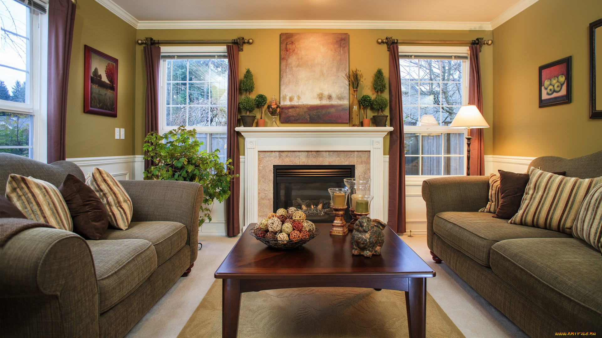 интерьер, гостиная, диваны, столик, камин