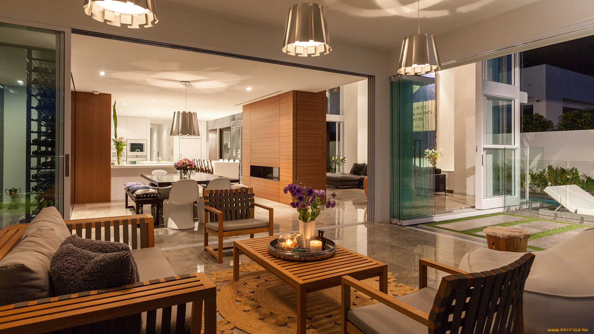 интерьер, гостиная, столик, кресла, мебель, кухня, дом, лампы