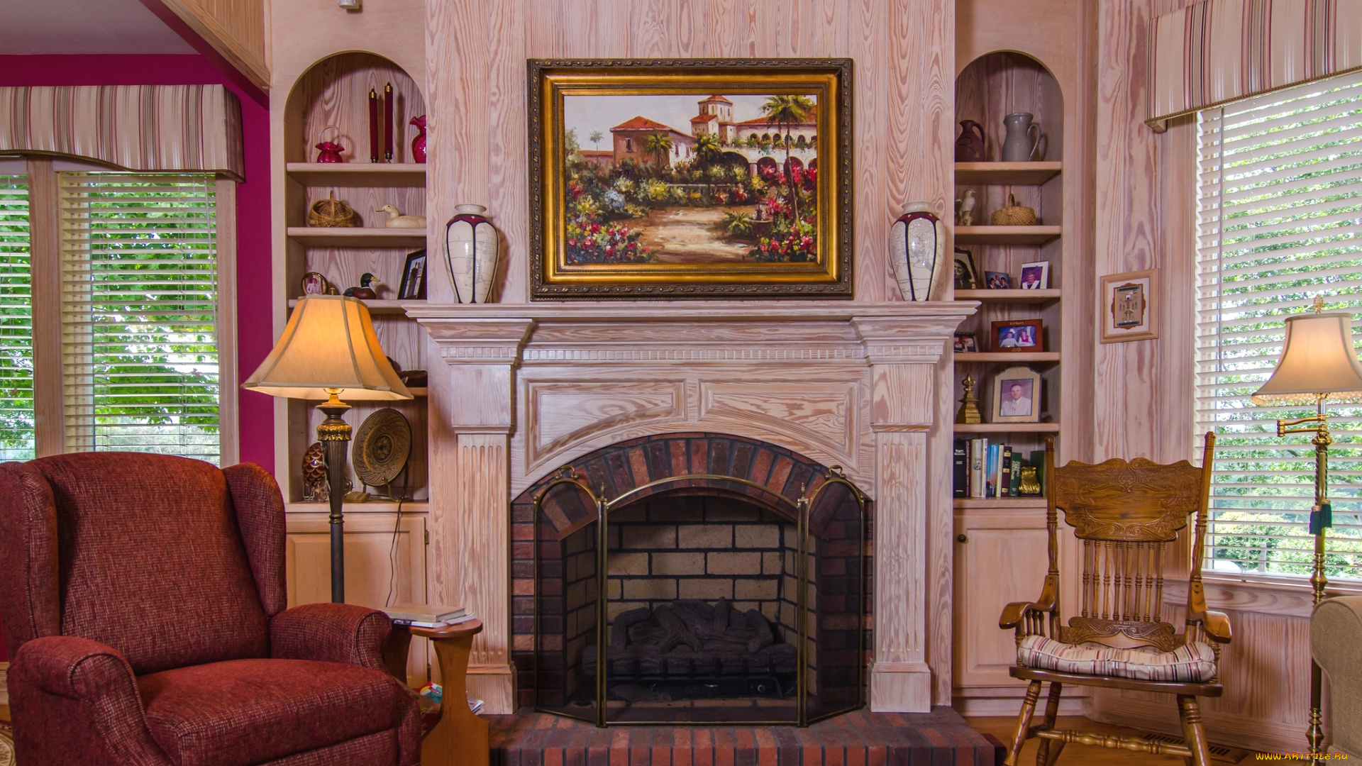 интерьер, камины, кресло, лампы