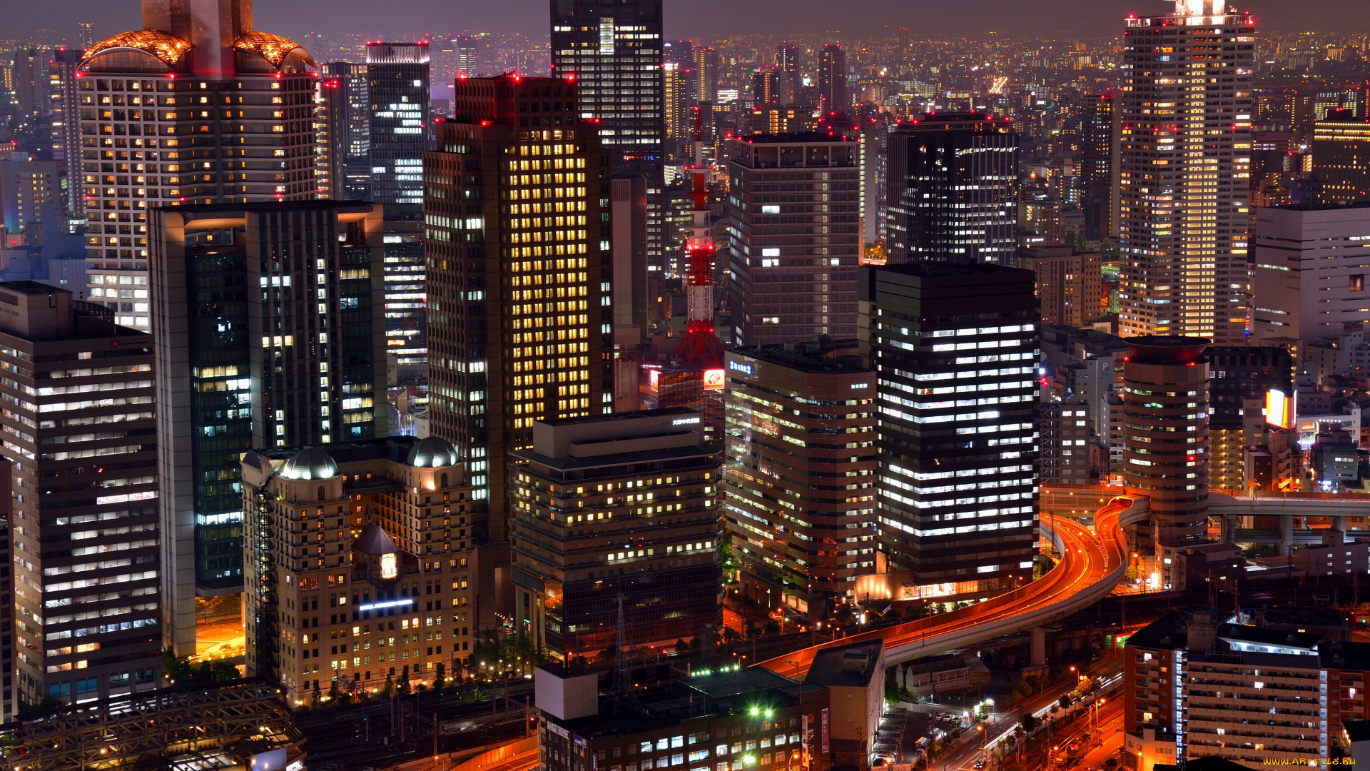 osaka, города, огни, ночного, ночь, небоскребы, дома