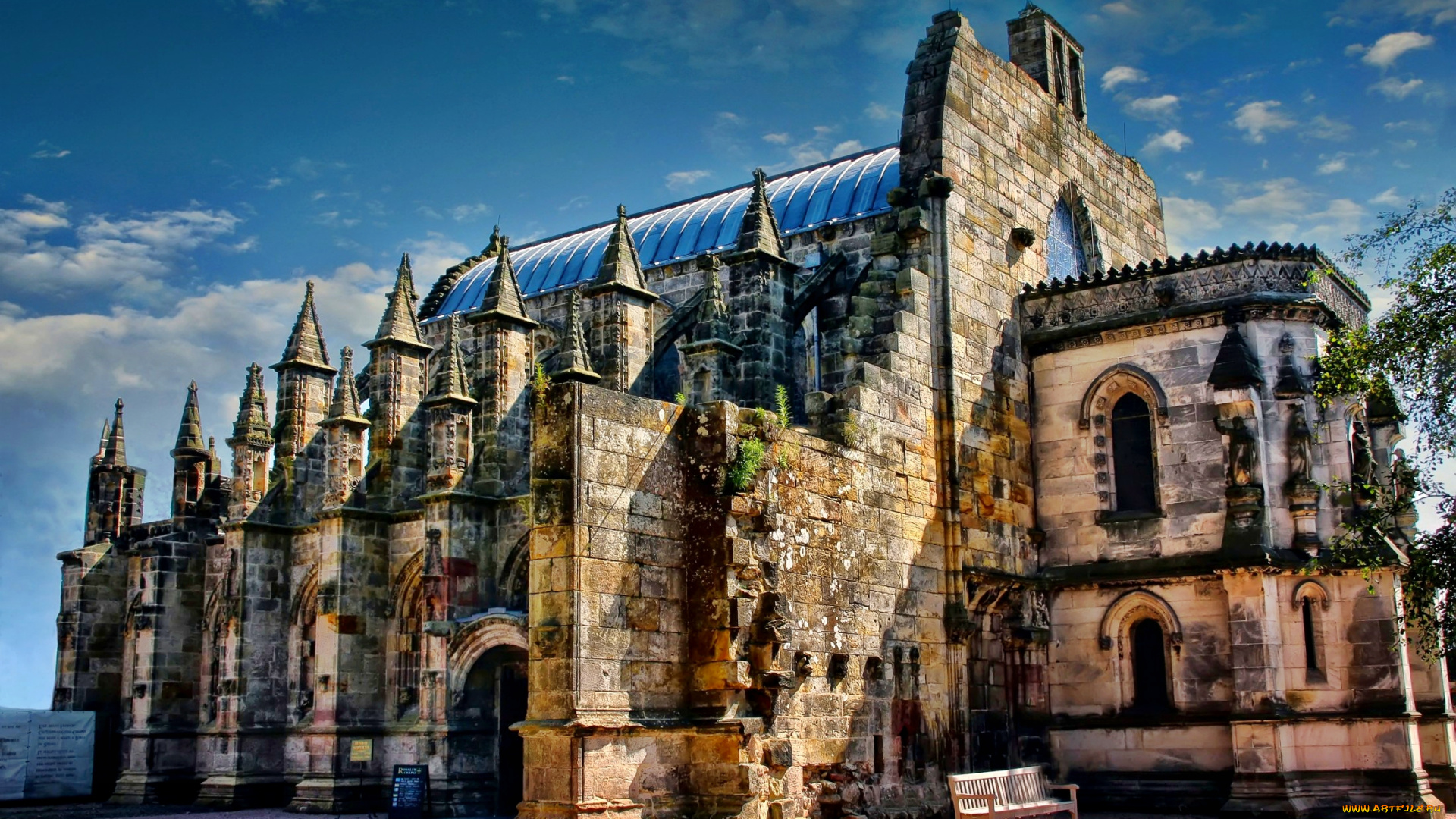 rosslyn, chapel, города, дворцы, замки, крепости, шпили, скамейка, готический, замок