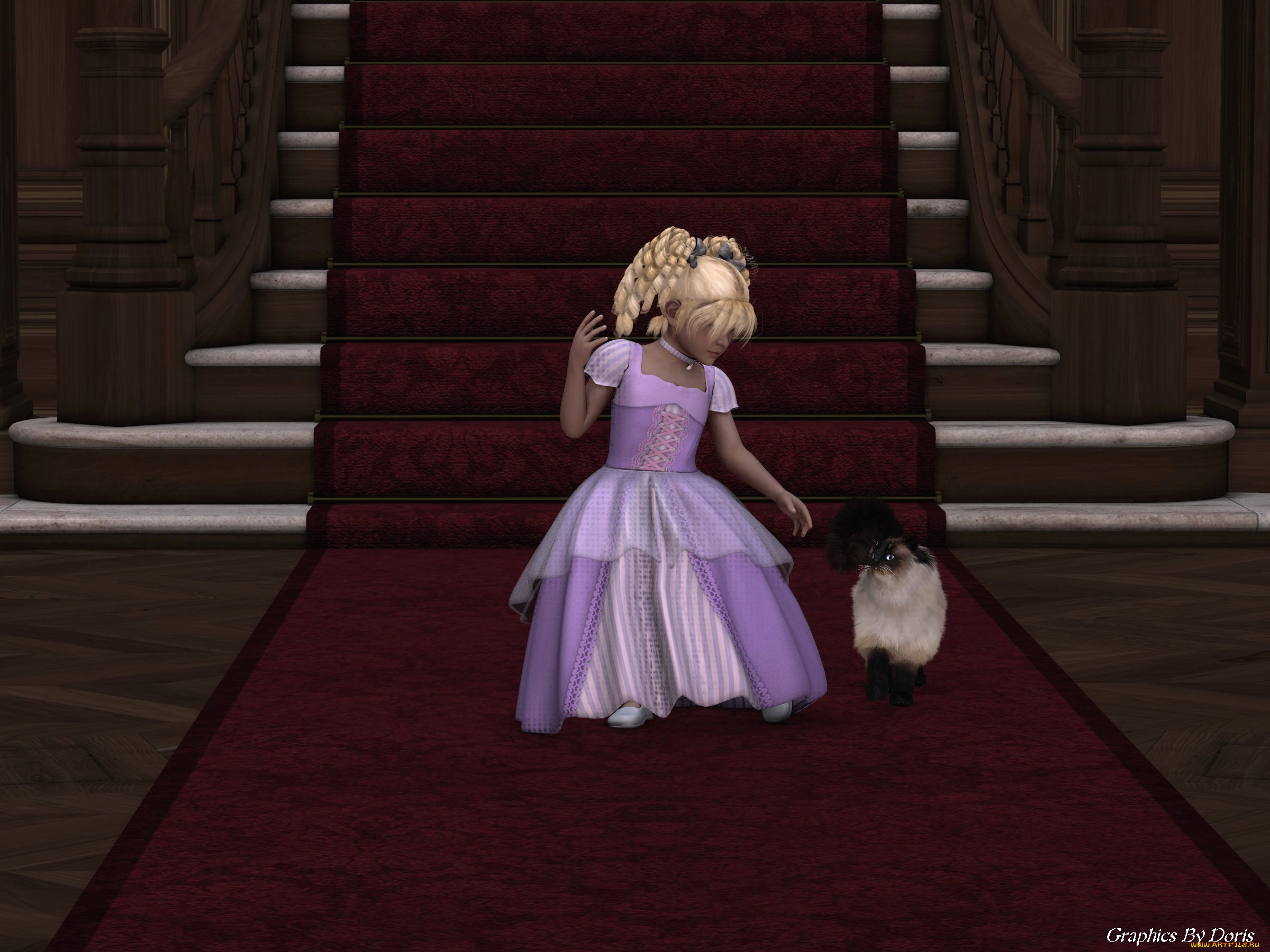 3д, графика, people, люди, лесница, кот, девушка