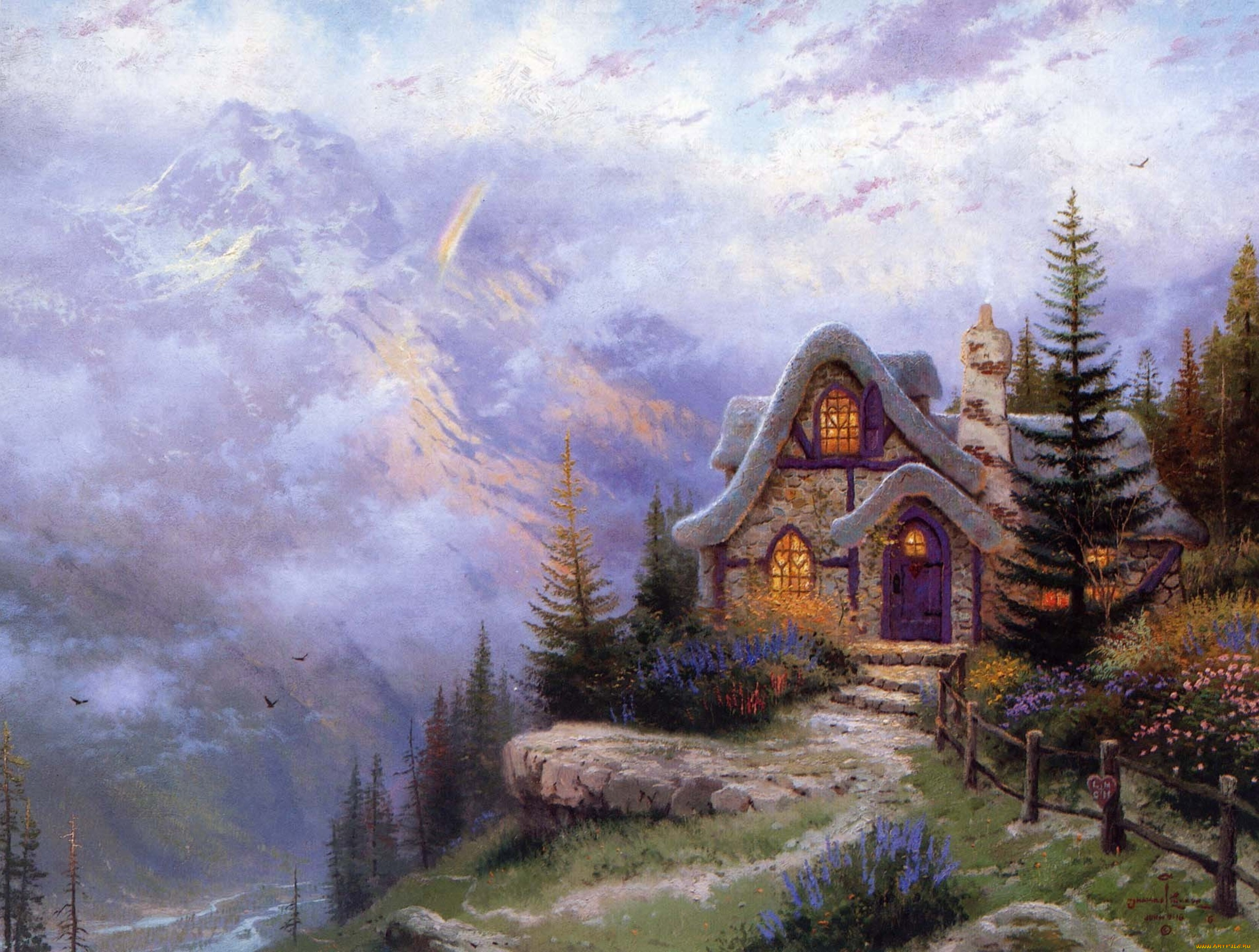 sweetheart, cottage, iii, рисованные, thomas, kinkade, коттедж, дом, ландшафт, горы