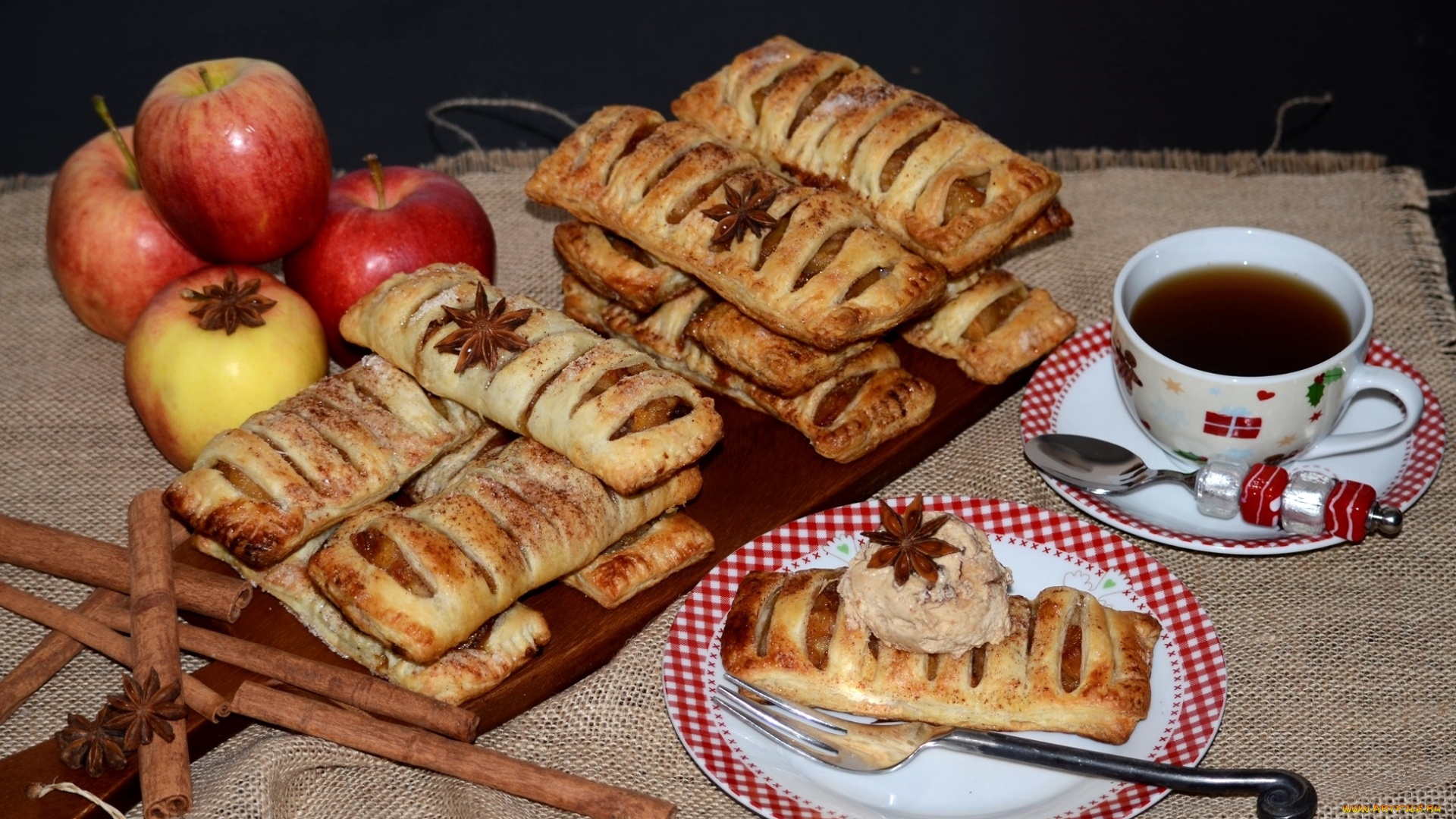 еда, пирожные, , кексы, , печенье, слойки, чай, яблоки, корица