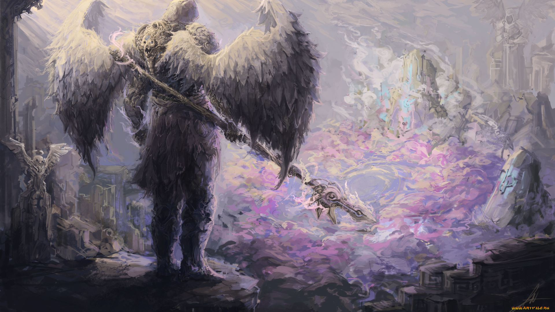 фэнтези, ангелы, лучи, небо, посох, крылья, ангел, арт, фантастика