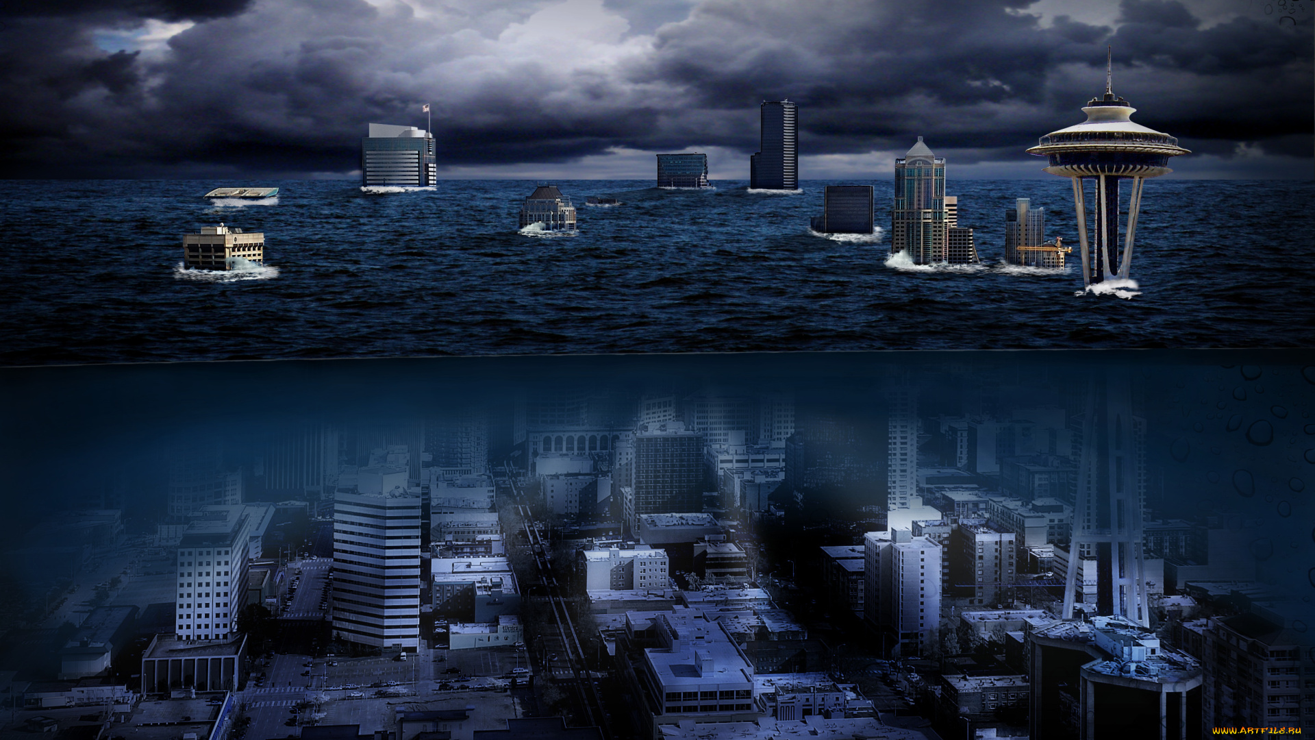 фэнтези, фотоарт, постапокалипсис, подводный, сиэтл, мир, иной