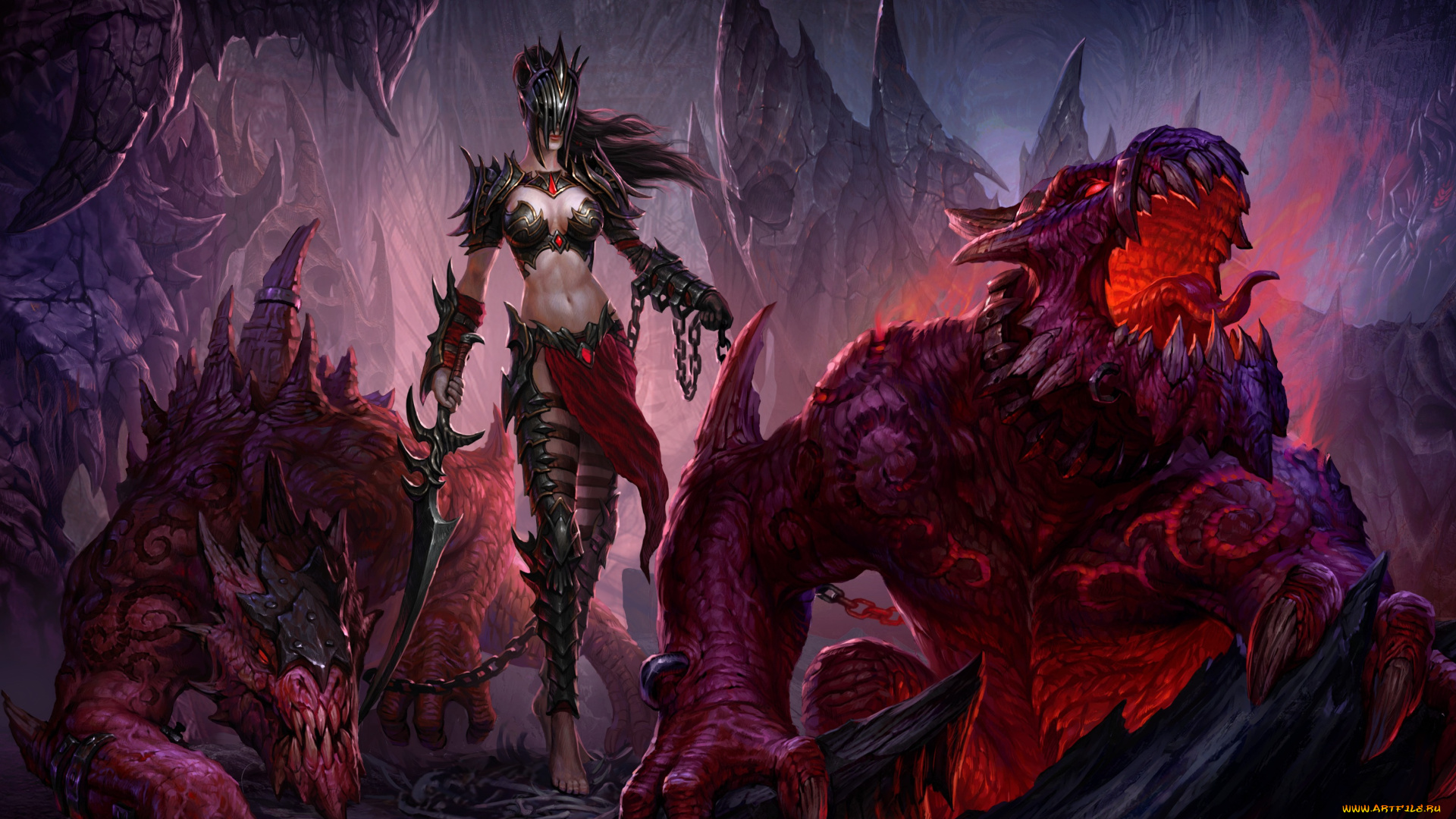 фэнтези, красавицы, и, чудовища, маска, драконы, меч, маг, девушка, пещера, цепи