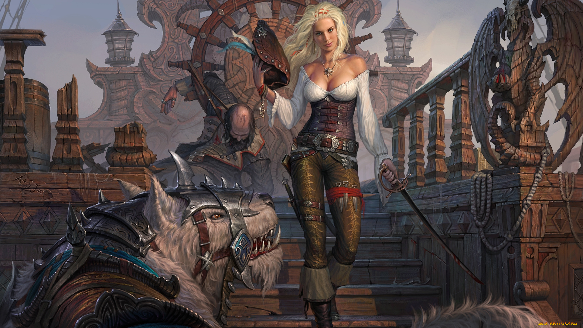 фэнтези, красавицы, и, чудовища, шпага, штурвал, женщина, шляпа, пират, корабль