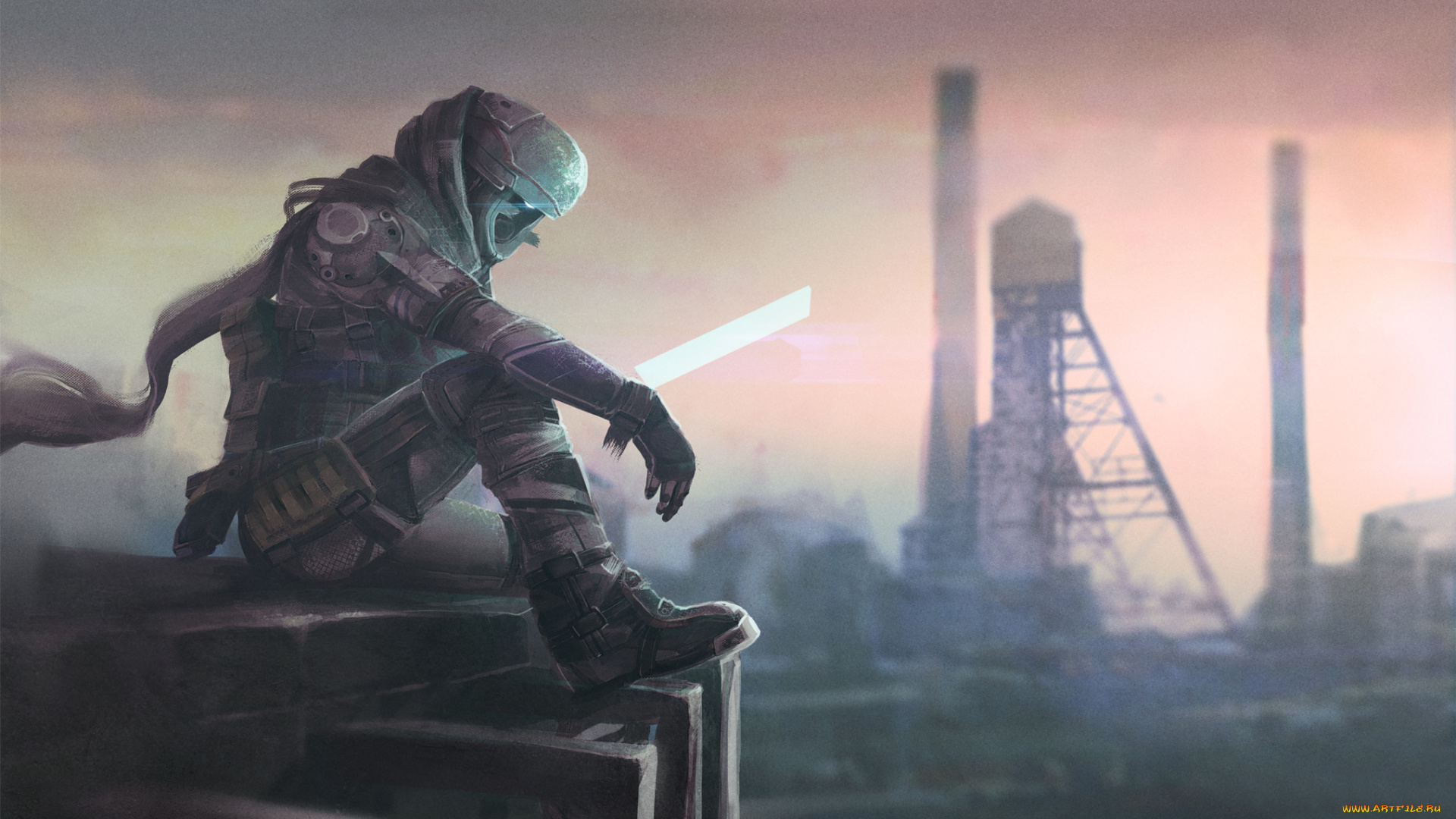 фэнтези, люди, иной, мир, трубы, здания, человек, комбинезон