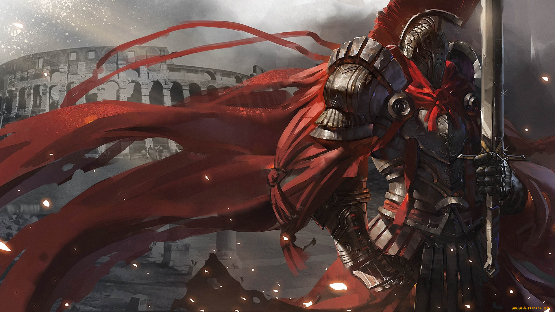 фэнтези, люди, шлем, колизей, меч, доспехи, рыцарь