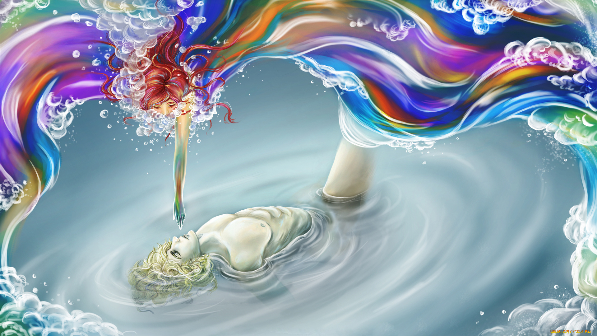 фэнтези, люди, вода, арт, краски, девушка, парень, рука