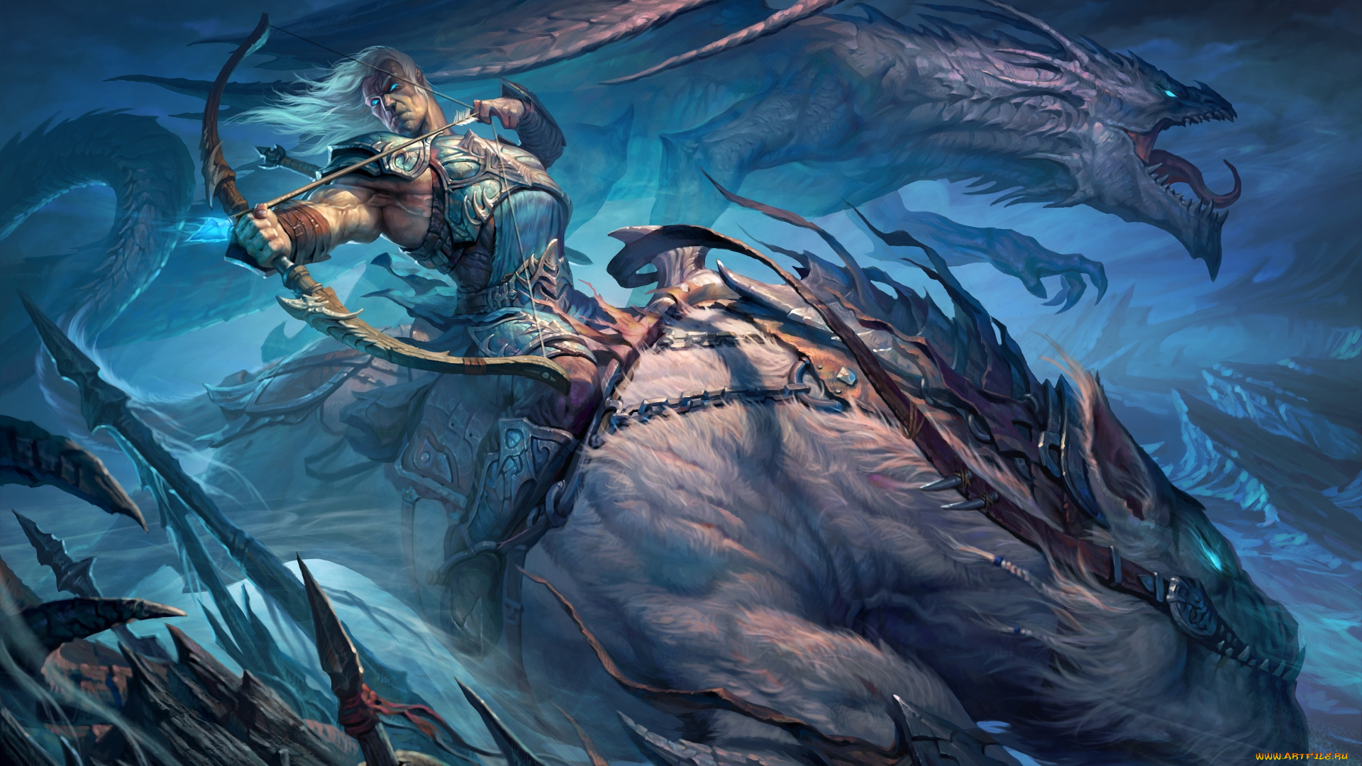 фэнтези, люди, зверь, лучник, воин, art, дракон