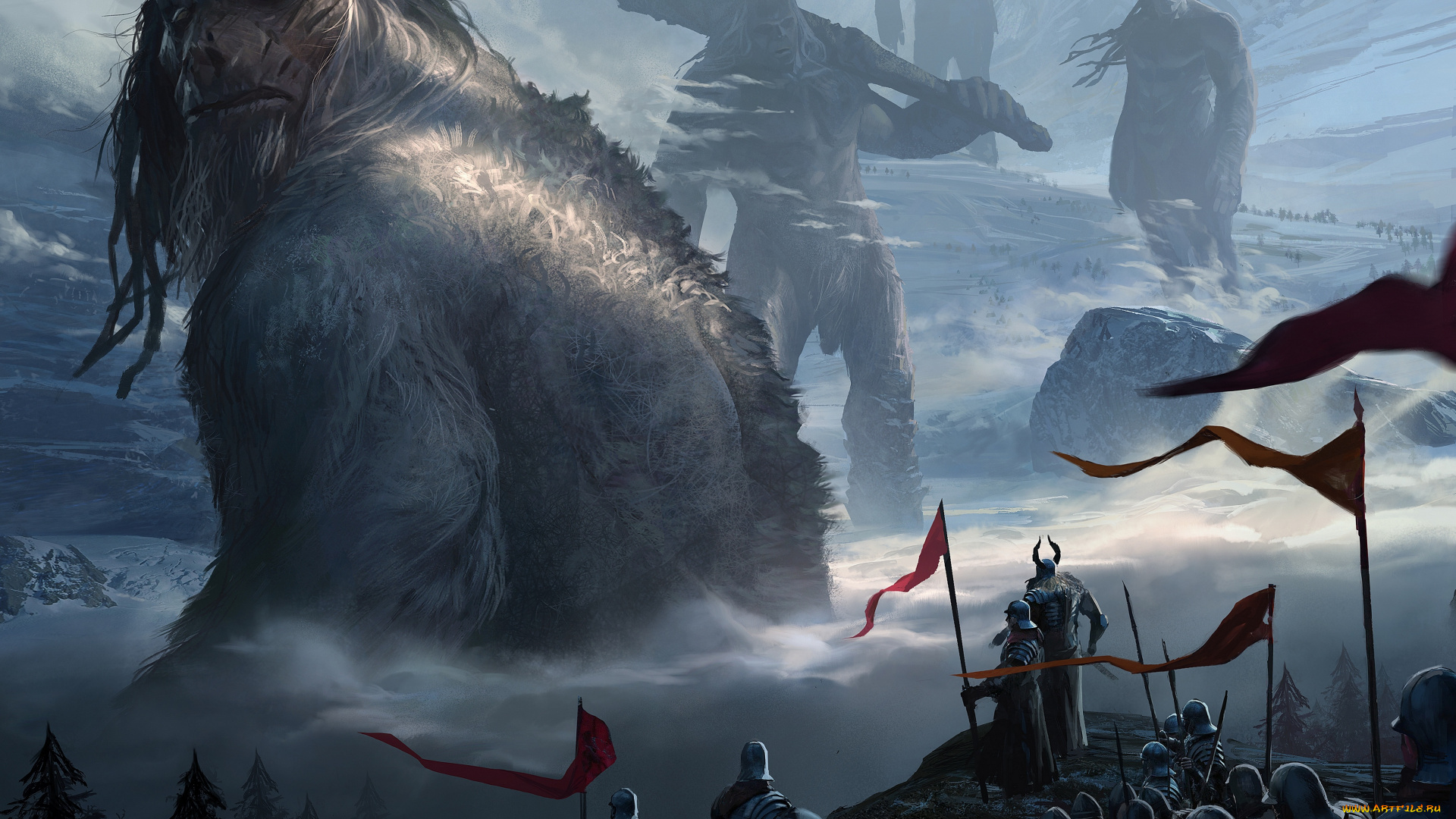 фэнтези, существа, рыцари, горы, доспехи, гиганты, великаны