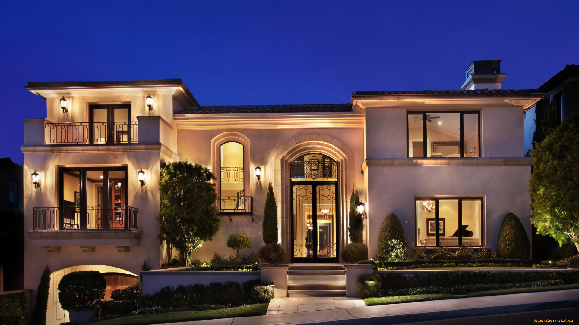 города, -, здания, , дома, особняк, газон, огни, ночь, ландшафт