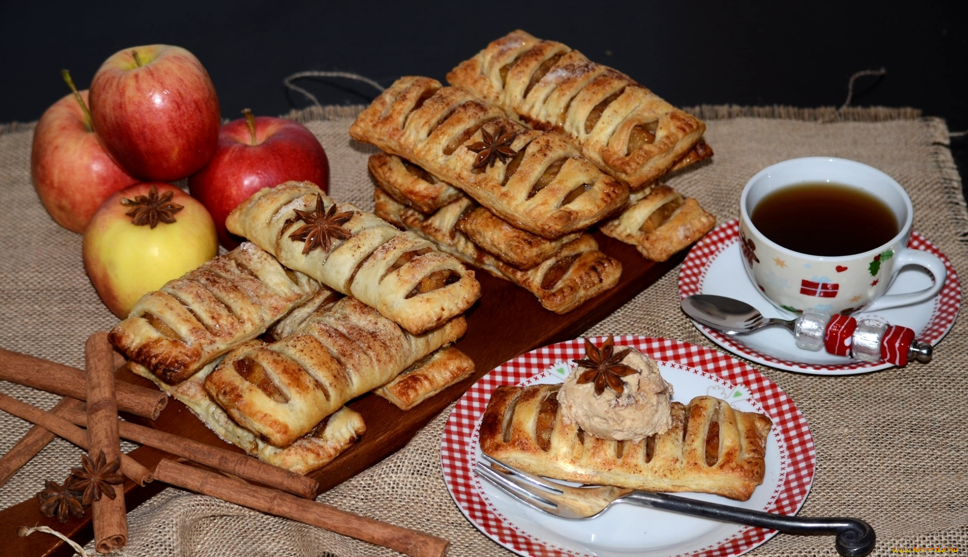 еда, пирожные, , кексы, , печенье, слойки, чай, яблоки, корица