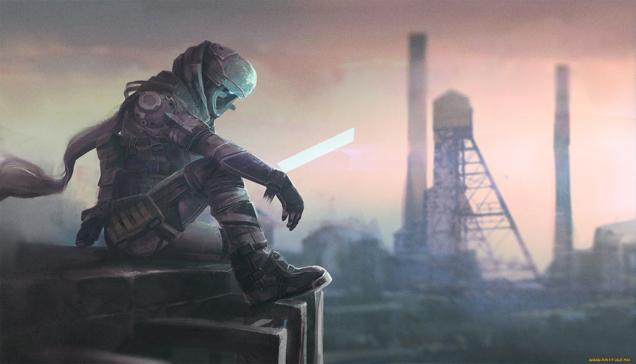 фэнтези, люди, иной, мир, трубы, здания, человек, комбинезон