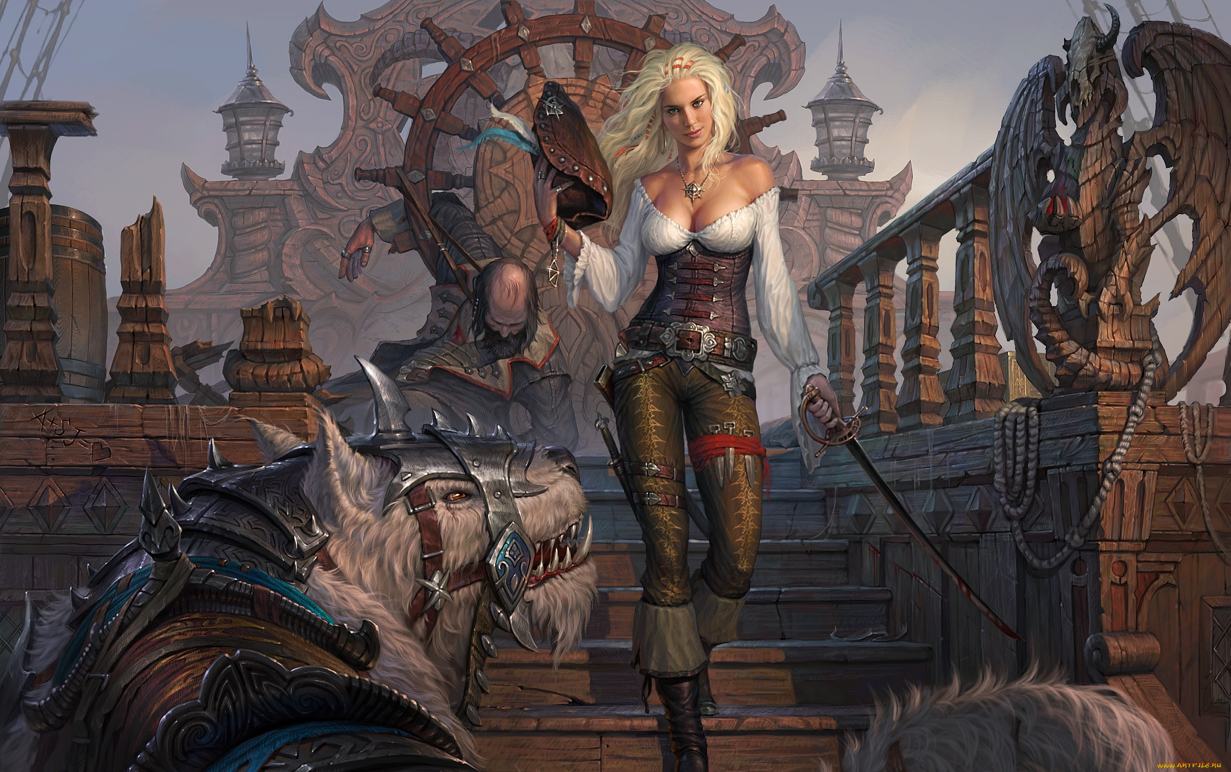 фэнтези, красавицы, и, чудовища, шпага, штурвал, женщина, шляпа, пират, корабль