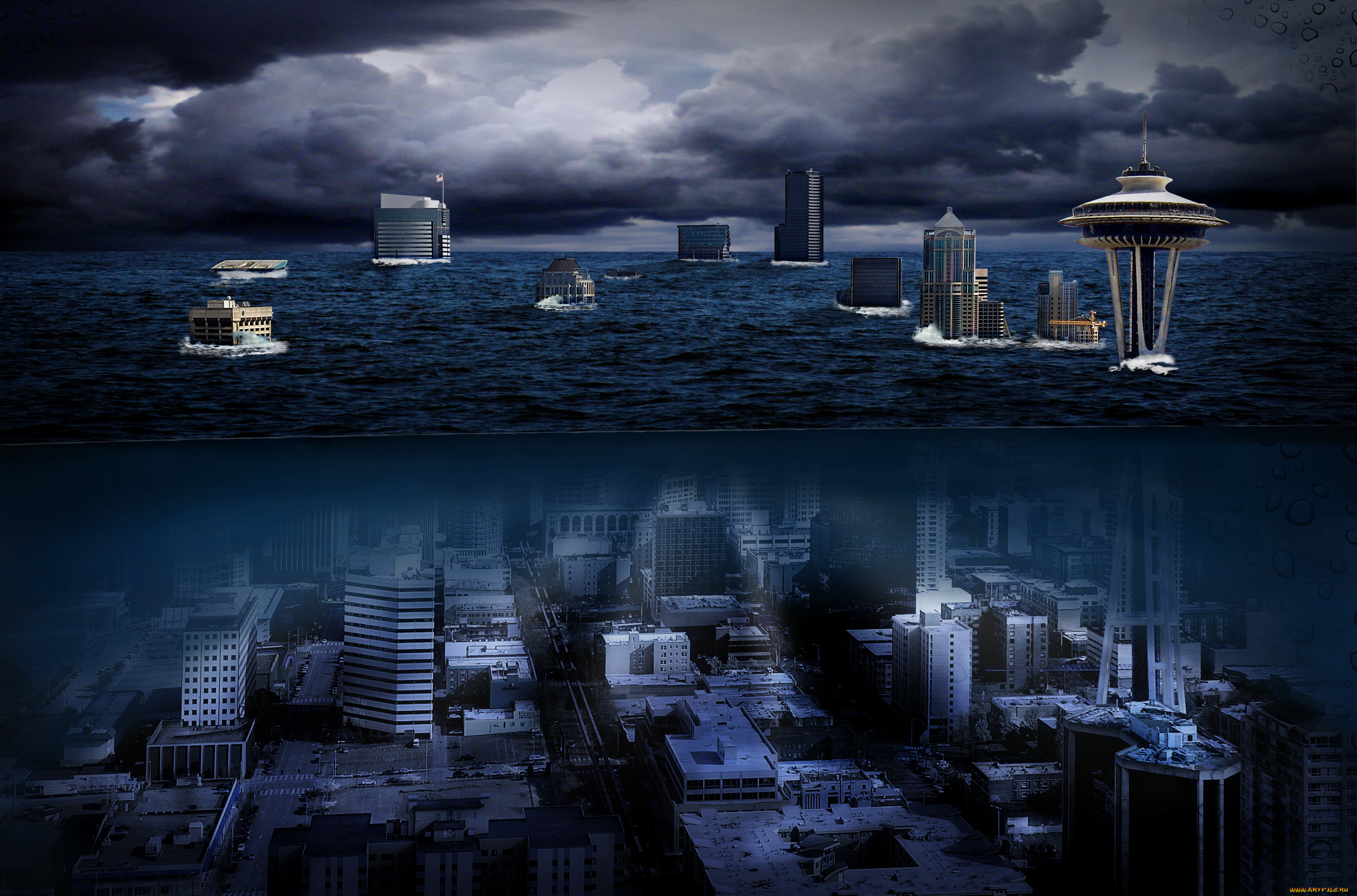 фэнтези, фотоарт, постапокалипсис, подводный, сиэтл, мир, иной