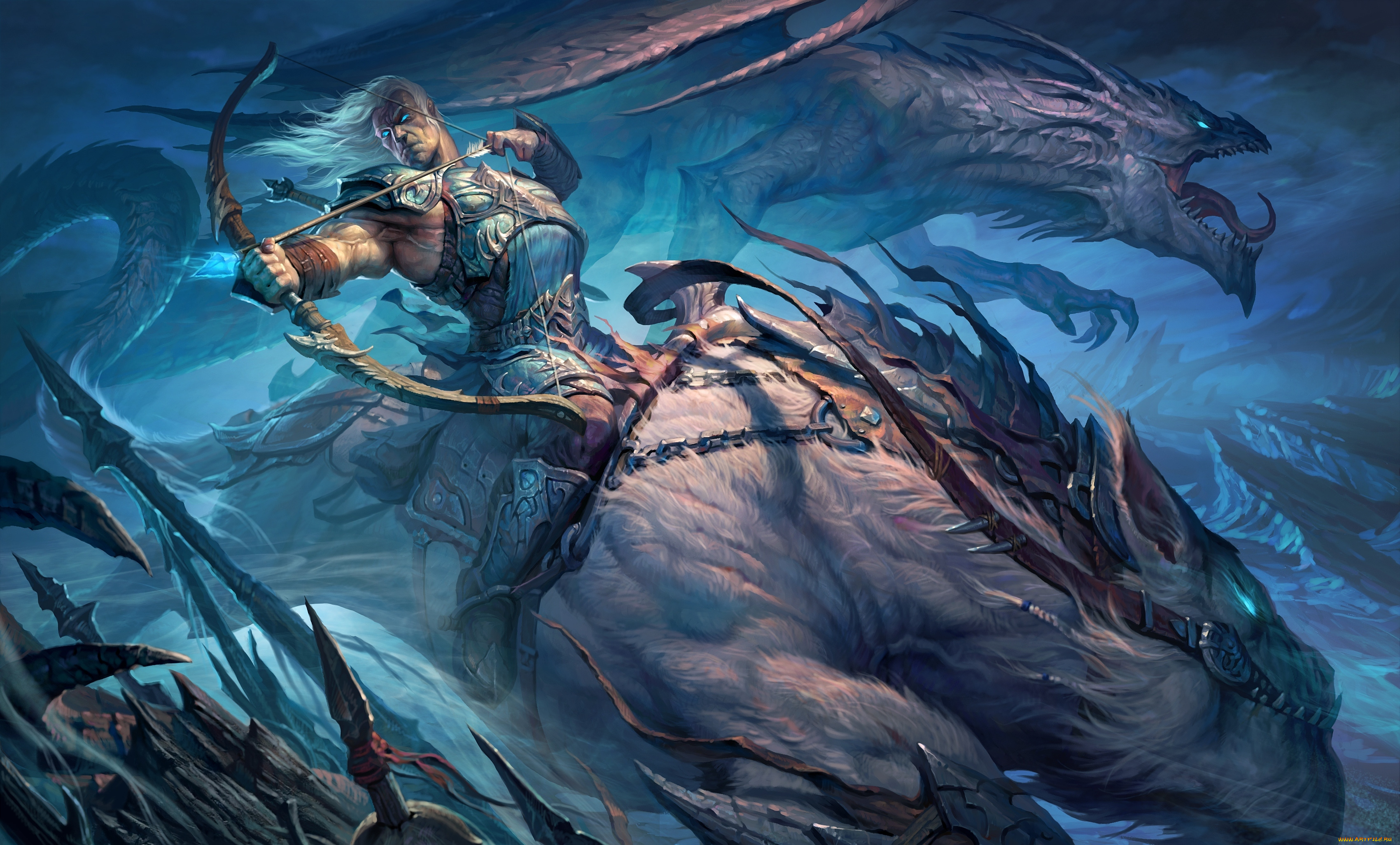 фэнтези, люди, зверь, лучник, воин, art, дракон