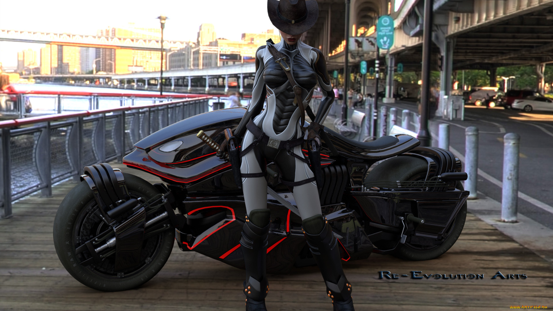 мотоциклы, 3d, фон, взгляд, мотоцикл, девушка