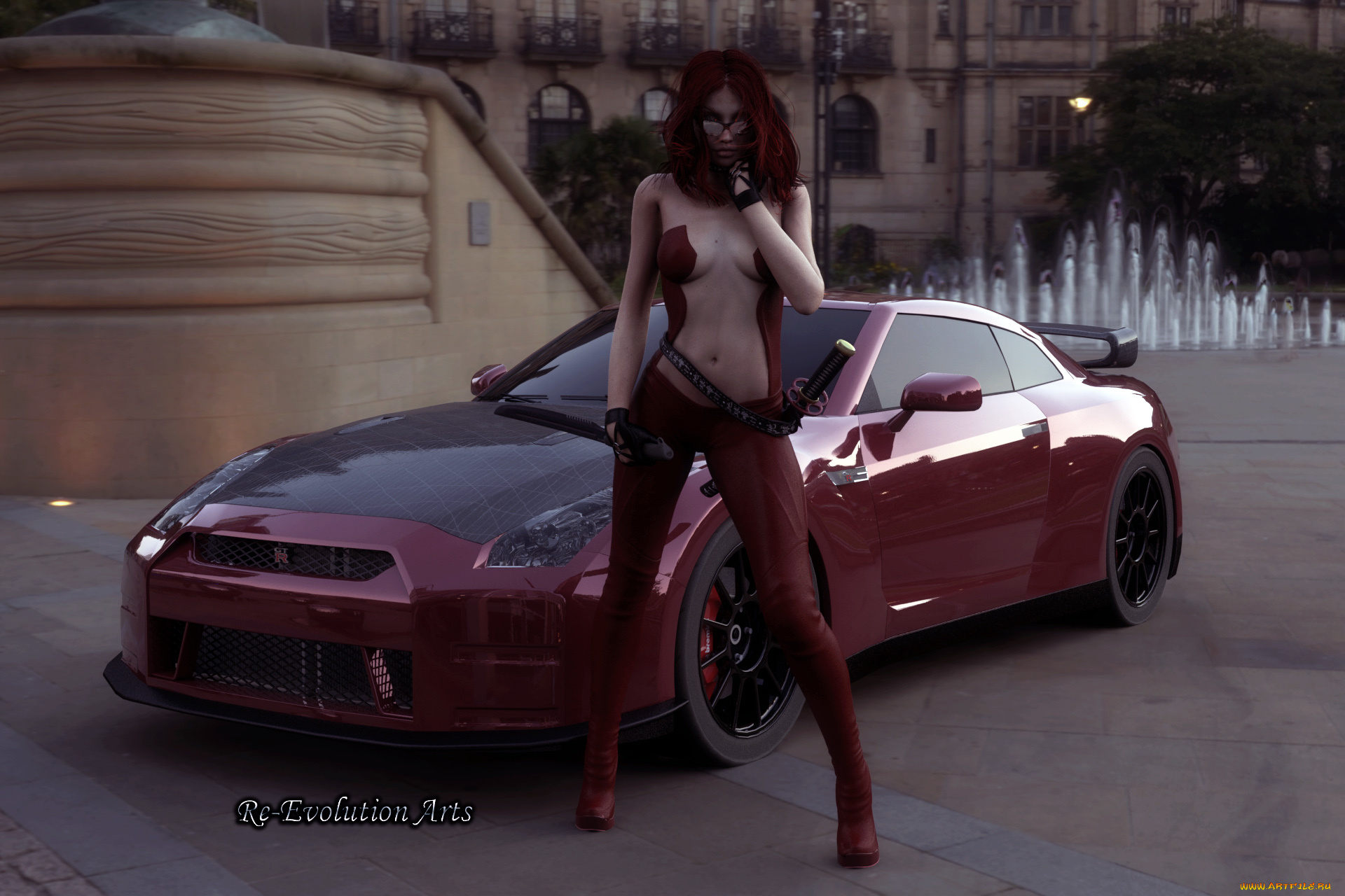 автомобили, 3d, car&girl, автомобиль, фон, взгляд, девушка