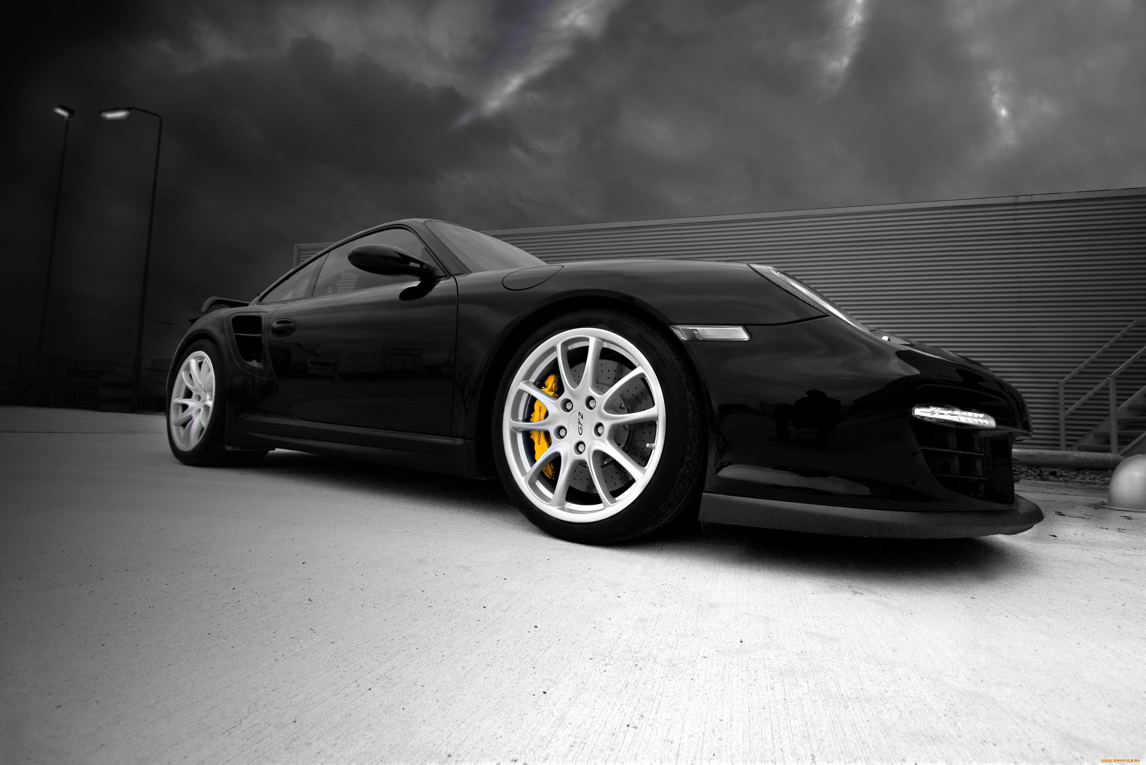 автомобили, porsche, порше, черный, ракурс, тучи, фонарь