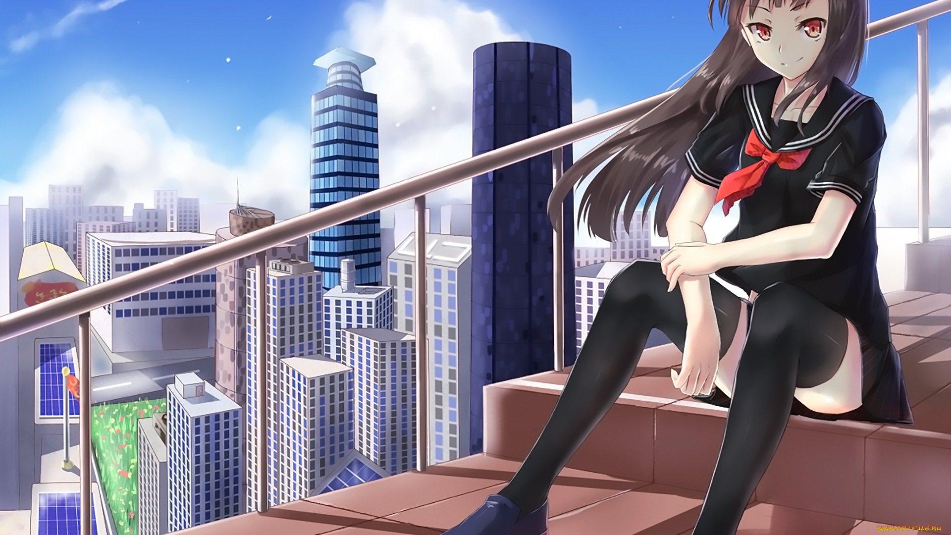 аниме, город, , улицы, , здания, девушка, взгляд, фон