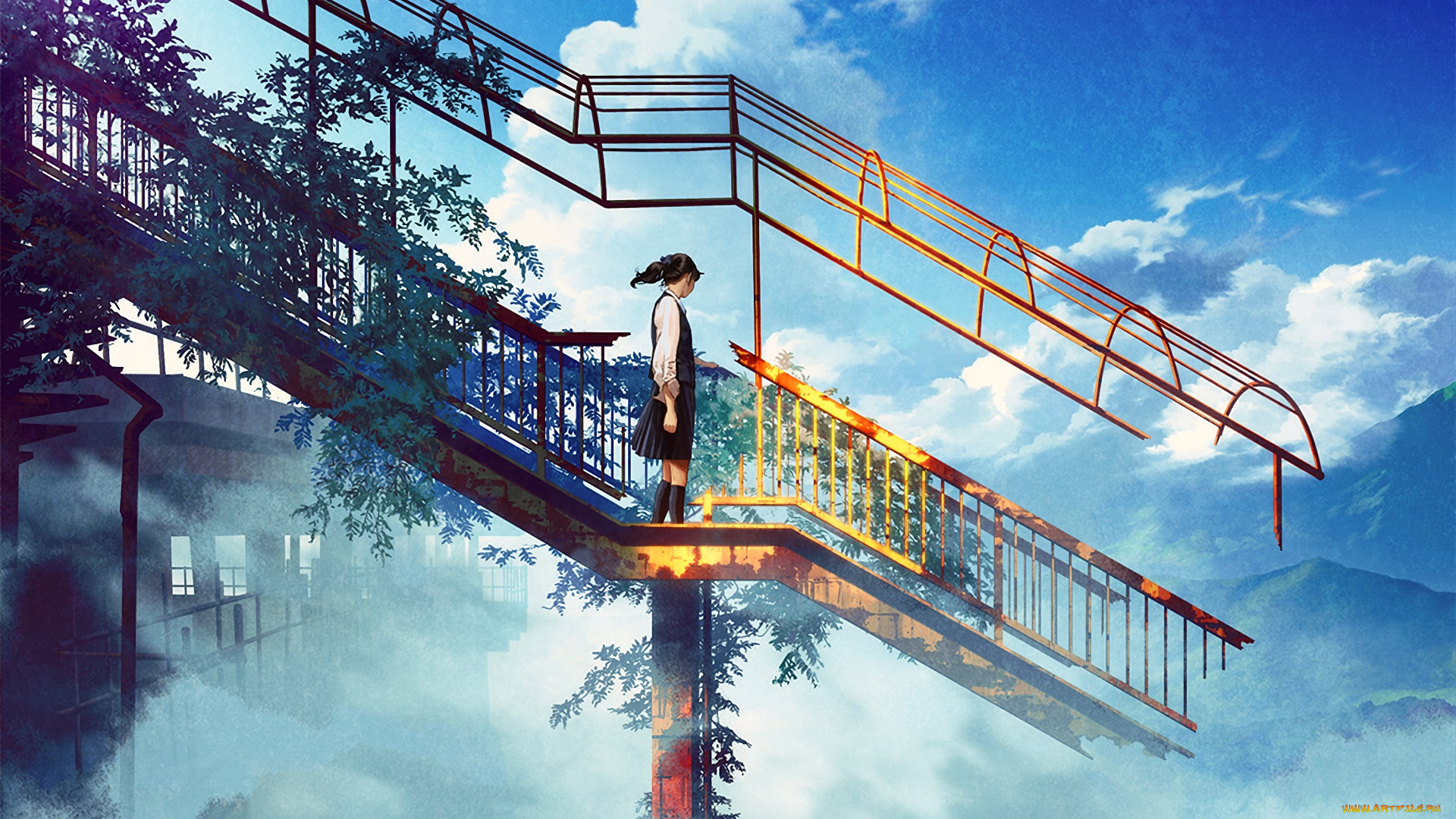 аниме, город, , улицы, , здания, взгляд, фон, девушка