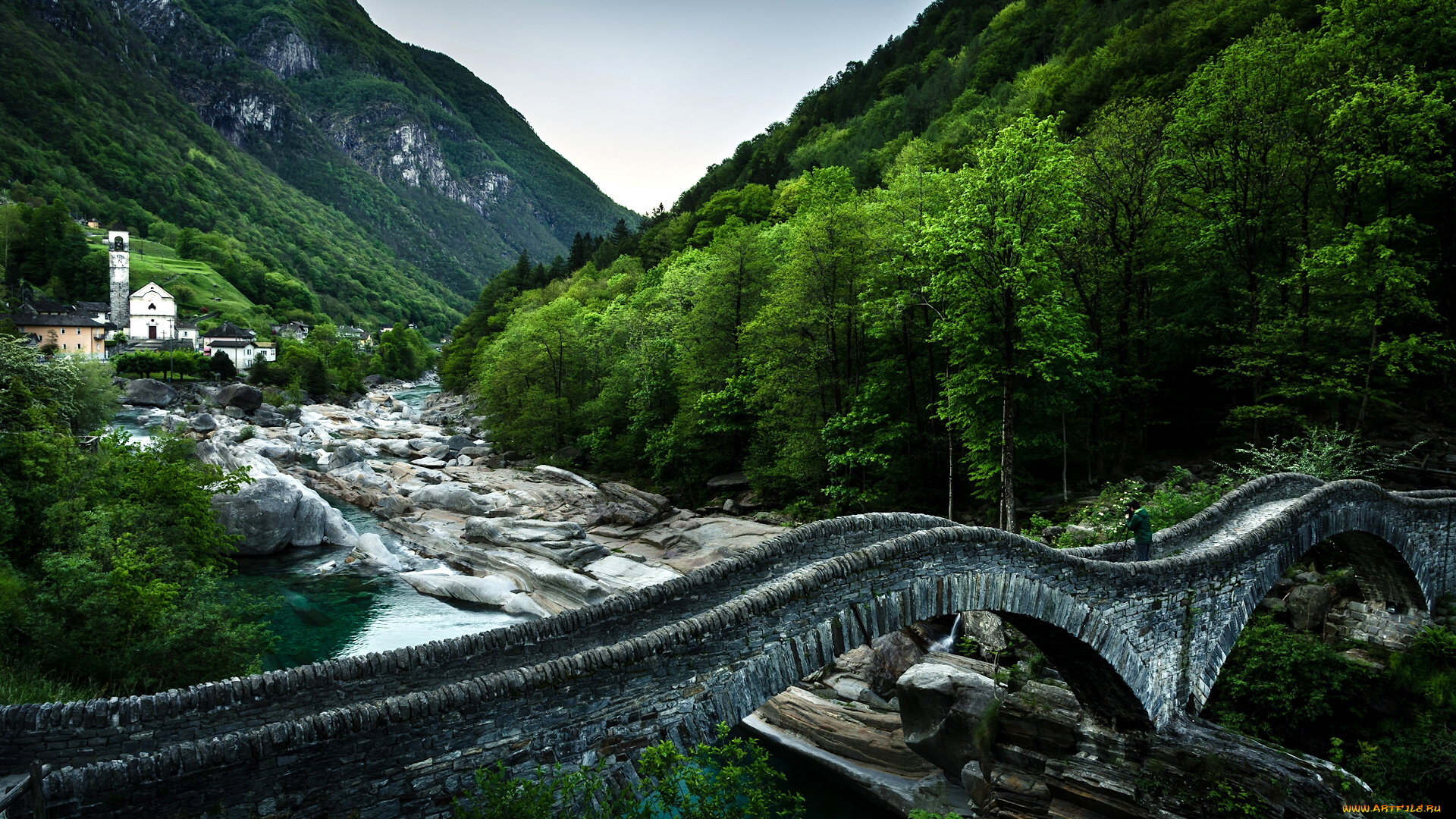 природа, реки, озера, verzasca, river, понте-деи-салти, switzerland, canton, of, ticino, река, верзаска, мост, ponte, dei, salti, лес, деревня, lavertezzo, церковь, лавертеццо, кантон, тичино, швейцария, горы