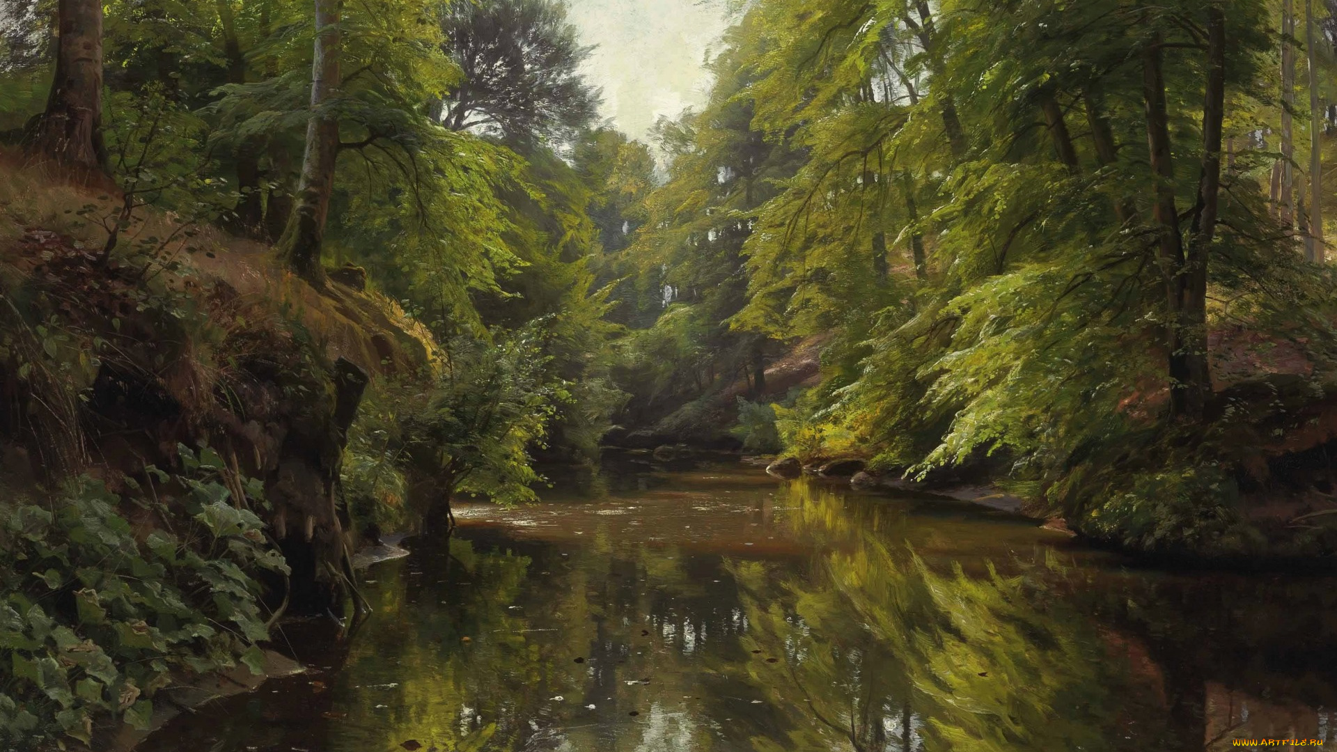 рисованное, природа, картина, peder, mоrk, mоnsted, лесной, пейзаж, с, рекой, петер, мёрк, мёнстед