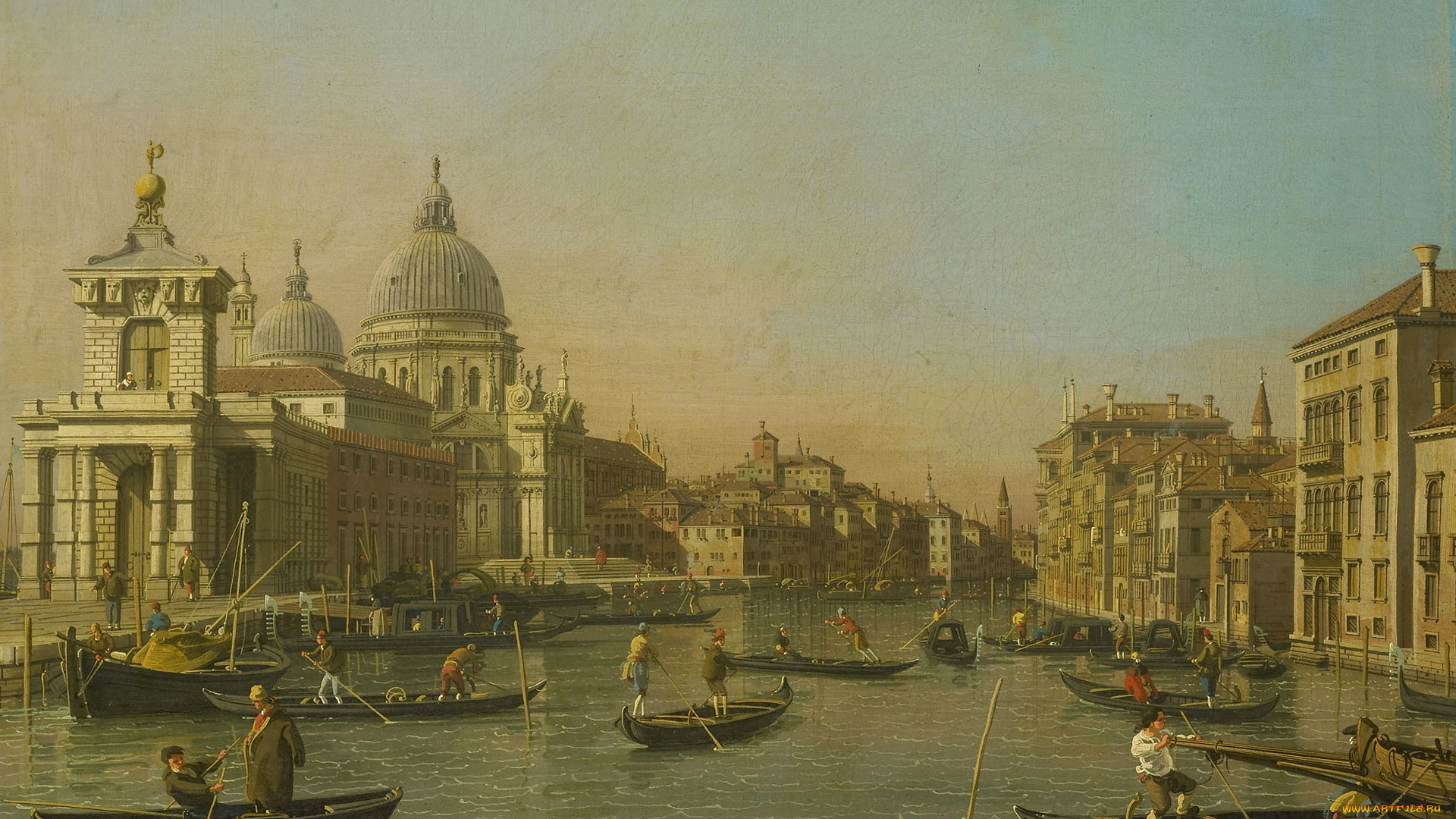 рисованное, живопись, каналетто, вход, в, гранд-канал, венеция, гондола, лодка, городской, пейзаж, картина