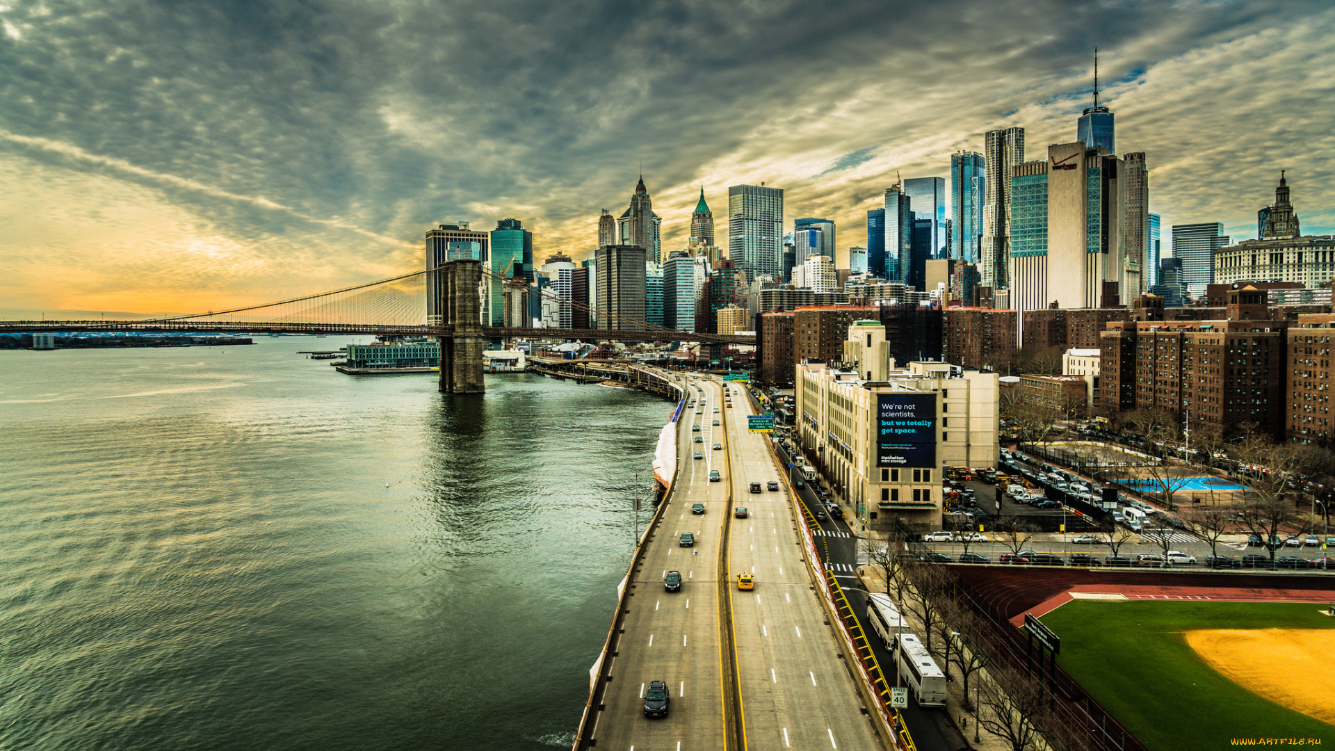 downtown, manhattan, and, the, hudson, river, города, нью-йорк, , сша, простор